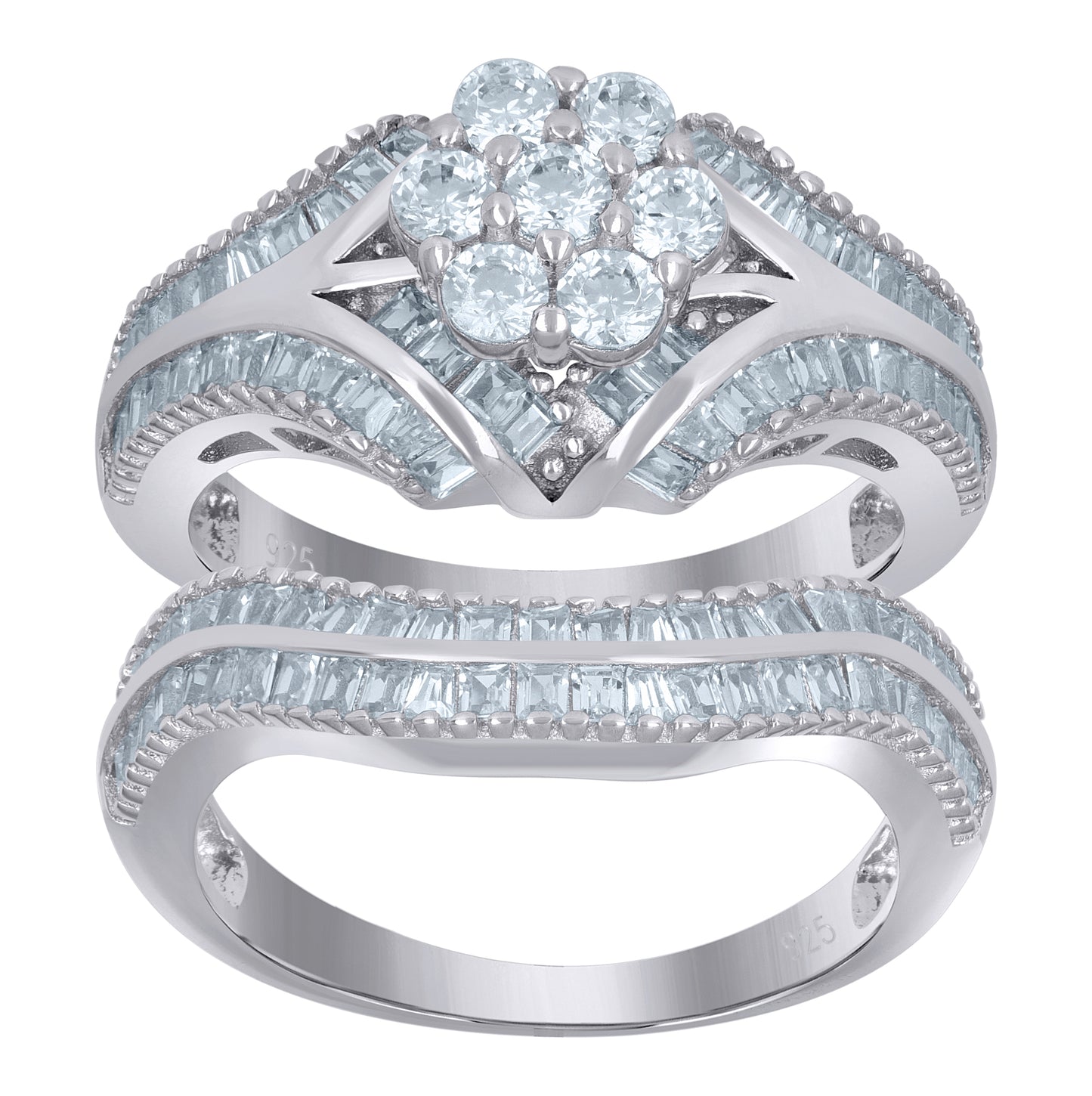 Sterling Silver Women's Baguette Cubic-Zirconia Flower Duo Bridal Anniversary Wedding Engagement Band Ring Set