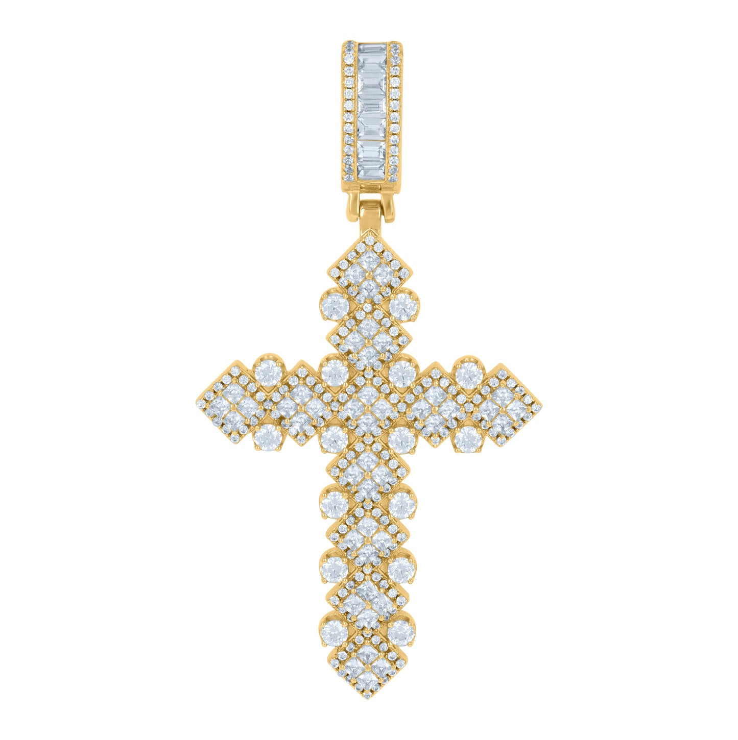 Sterling Silver Yellow-Tone Men Baguette Cubic-Zirconia Cross Religious Charm Pendant