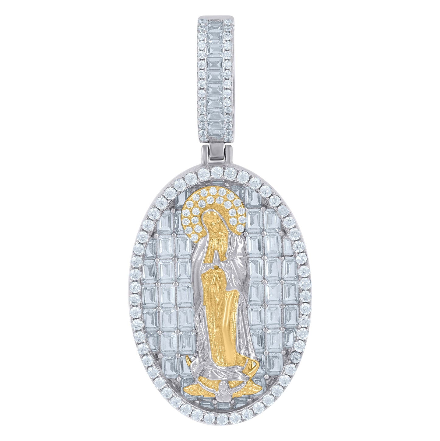 Sterling Silver Yellow-Tone Men Baguette Cubic-Zirconia Guadalupe/Mother Marry Religious Charm Pendant