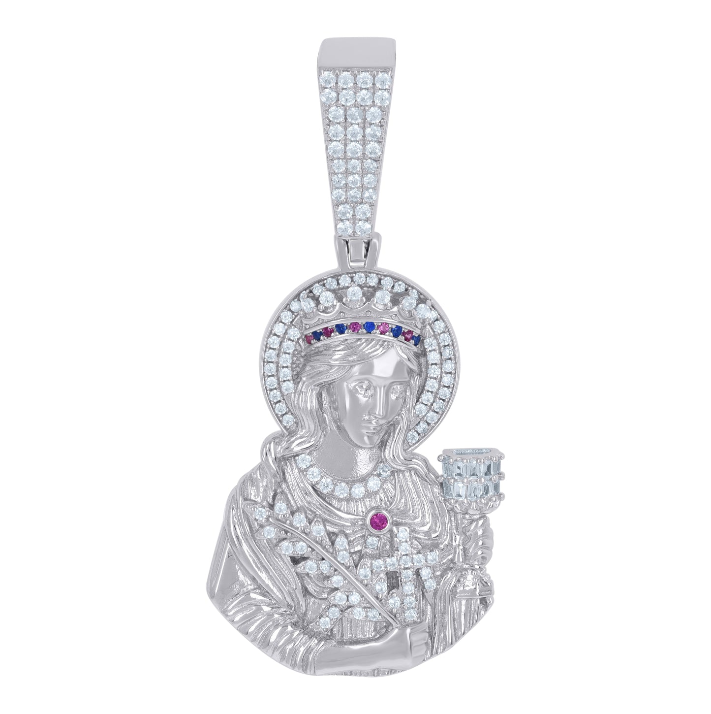 Sterling Silver Men Blue/Pink Baguette Cubic-Zirconia St. Barbara Religious Charm Pendant