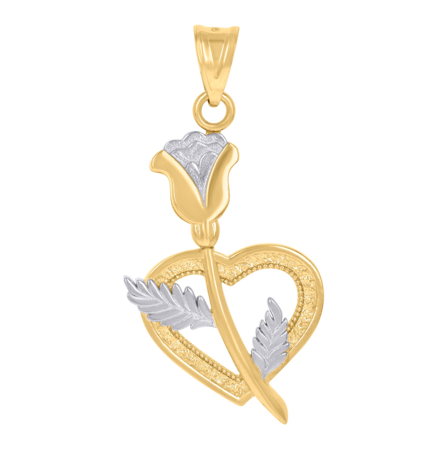 10K Two-Tone Gold Mens Flower Heart Charm Pendant