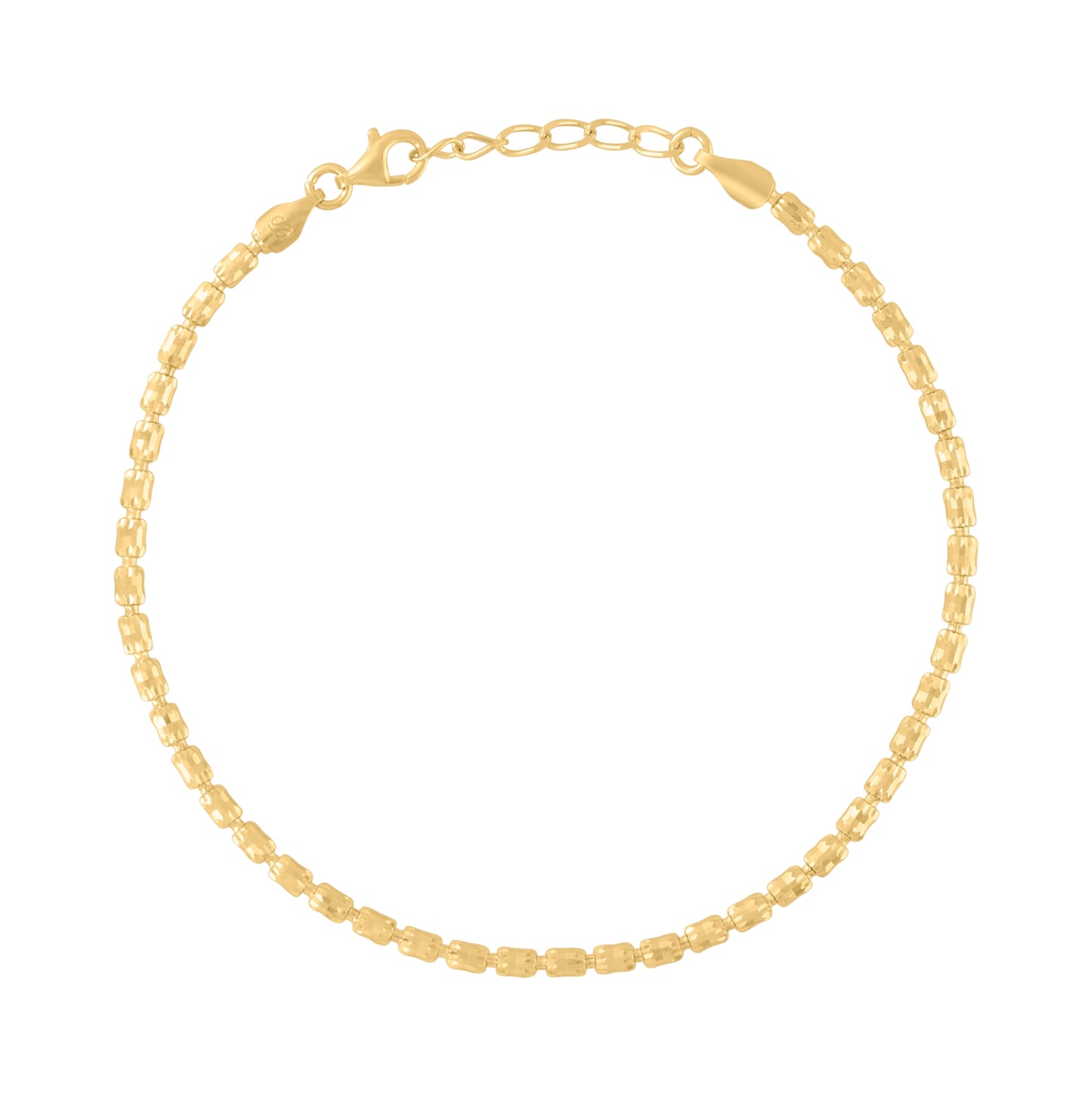 Sterling Silver Yellow-Tone Womens Crystal-Cut Barrel Chain Anklet 3 mm Size 10 Inches