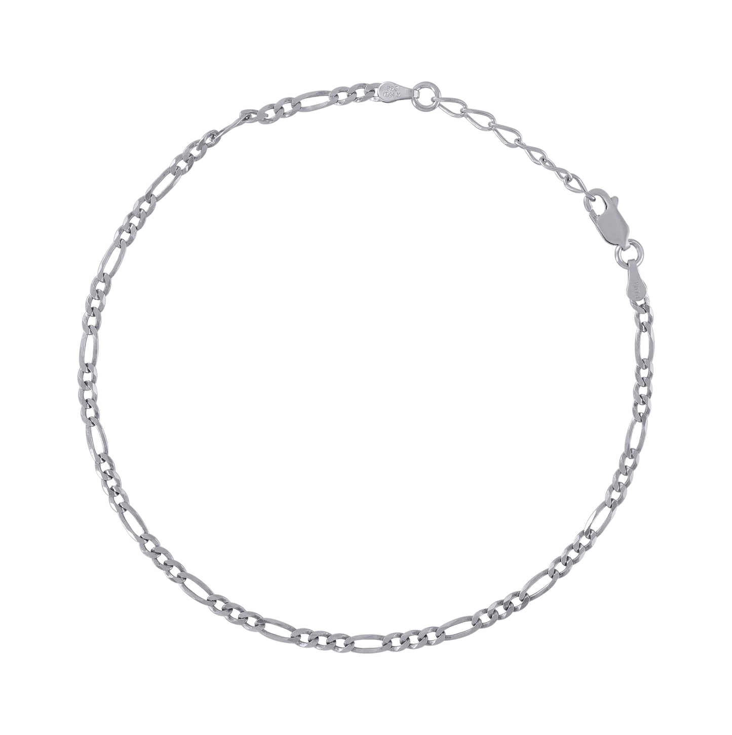 Sterling Silver Rhodium Plated Womens Plain Figaro Chain Anklet 3 mm Size 10 Inches