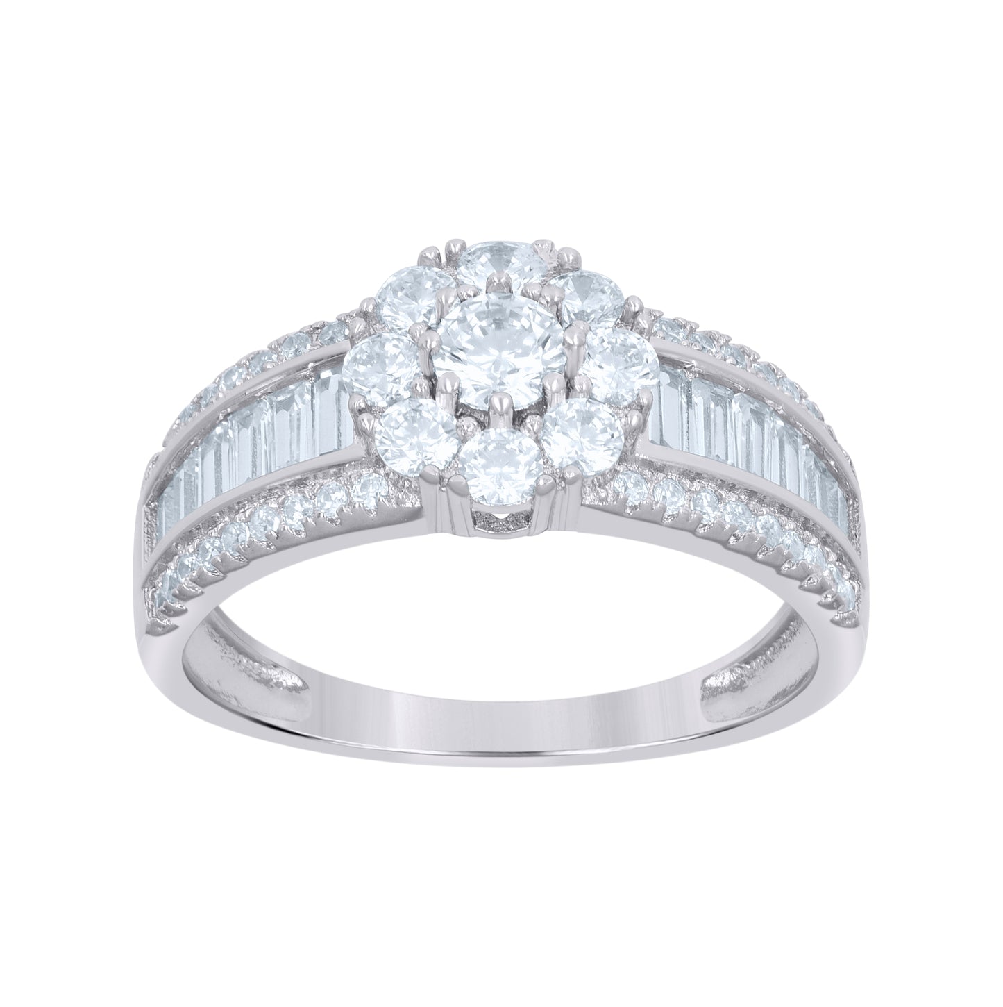 Sterling Silver Womens Baguette Round Cubic-Zirconia Flower Fashion Bridal Anniversary Wedding Engagement Band Ring