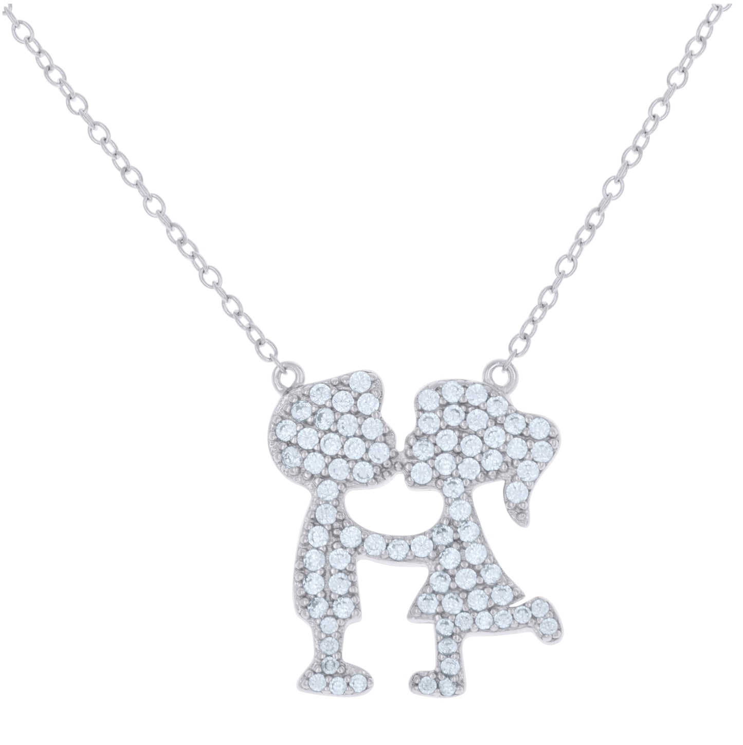 Sterling Silver Womens Cubic-Zirconia Girl Boy Kiss Charm Necklace
