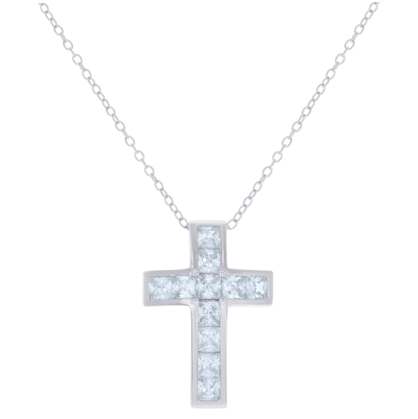 Sterling Silver Womens Princess-Cut Cubic-Zirconia Cross Religious Charm Necklace