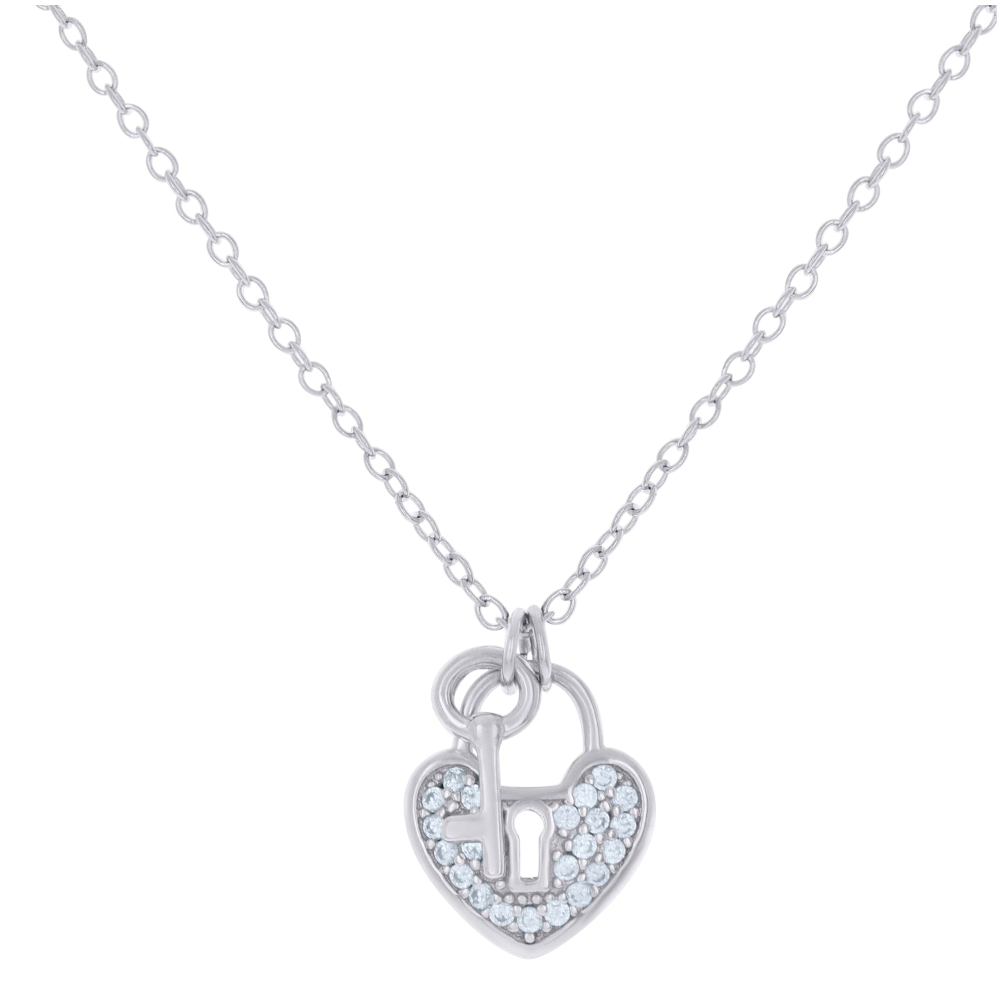 Sterling Silver Womens Cubic-Zirconia Heart Lock Charm Necklace