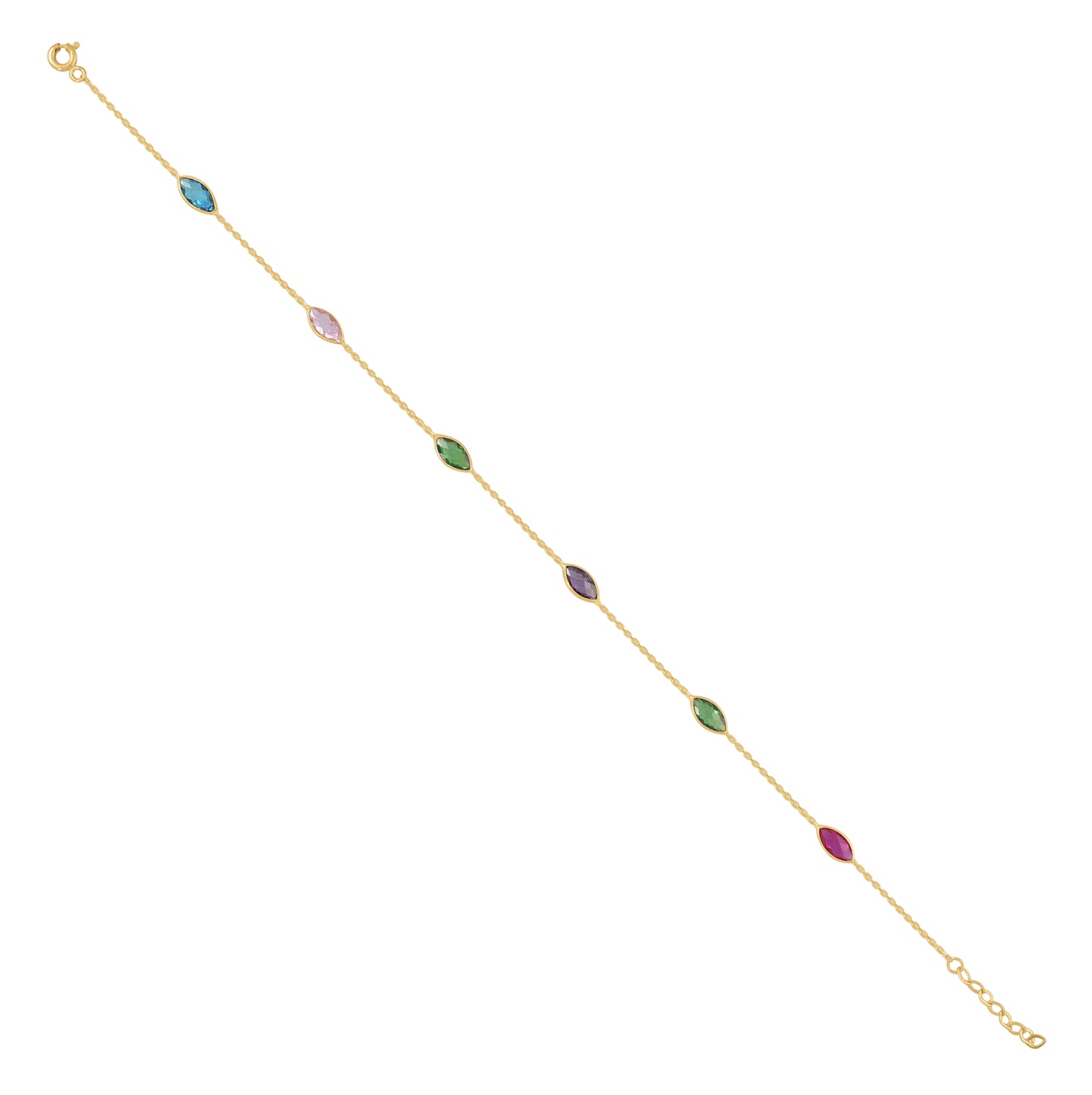 14K Yellow Gold Womens Multi-Color Marquise Cubic Zirconia Chain Anklet Size 10 Inches