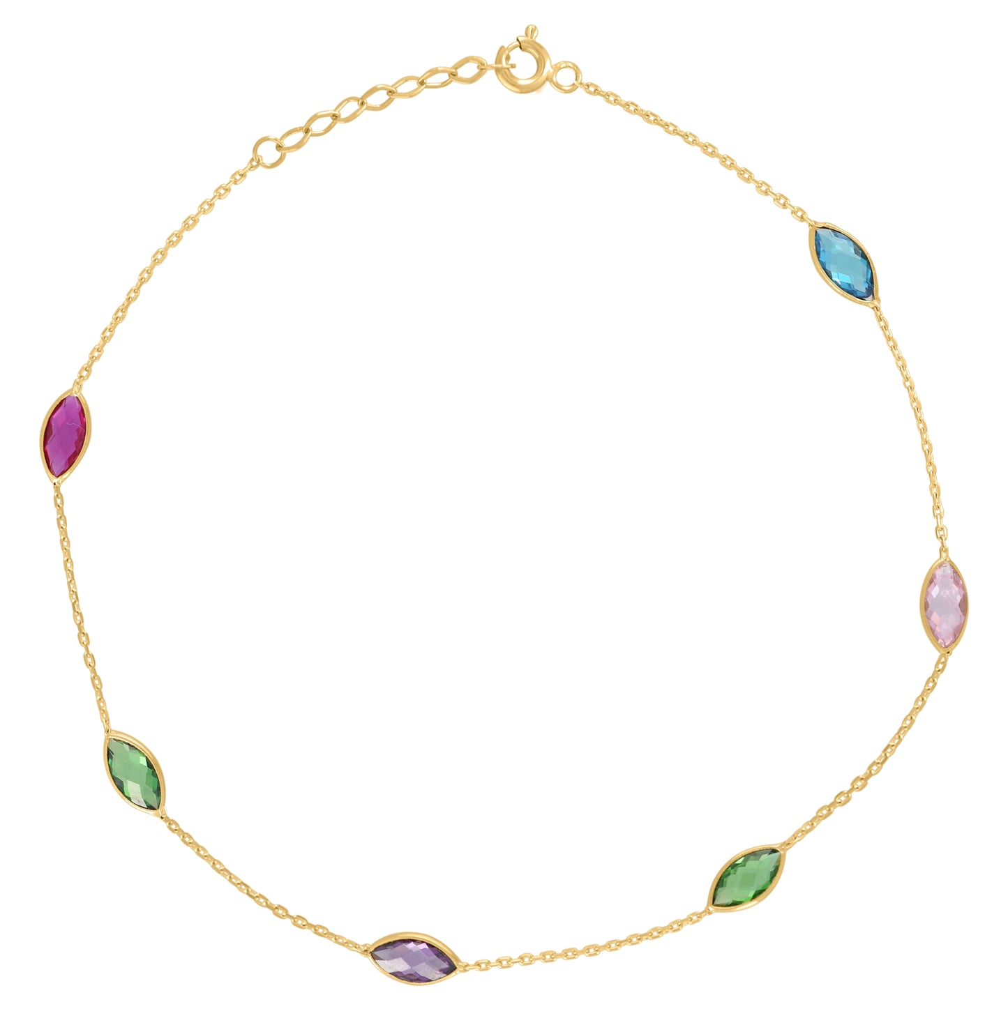 14K Yellow Gold Womens Multi-Color Marquise Cubic Zirconia Chain Anklet Size 10 Inches