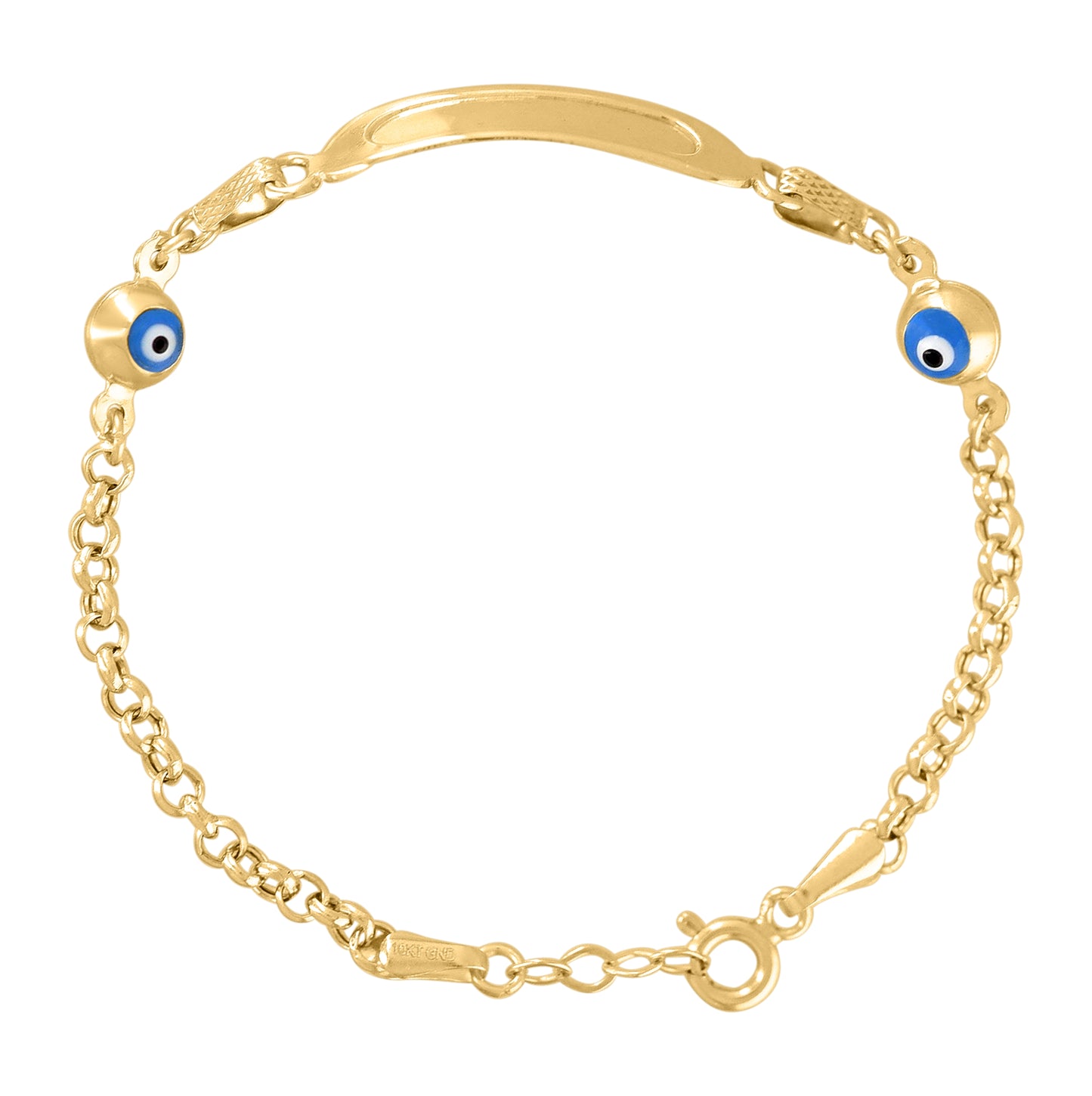 10K Yellow Gold Womens Blue Enamel Evil Eye Good Luck ID Bracelet Size 6 Inches