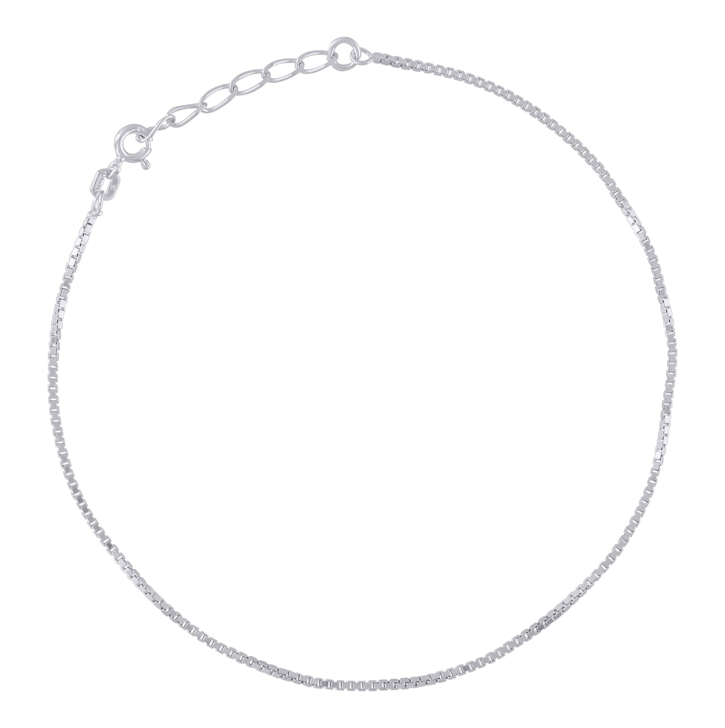 Sterling Silver Rhodium Plated Womens Box Chain Anklet 1.1 mm Size 10 Inches