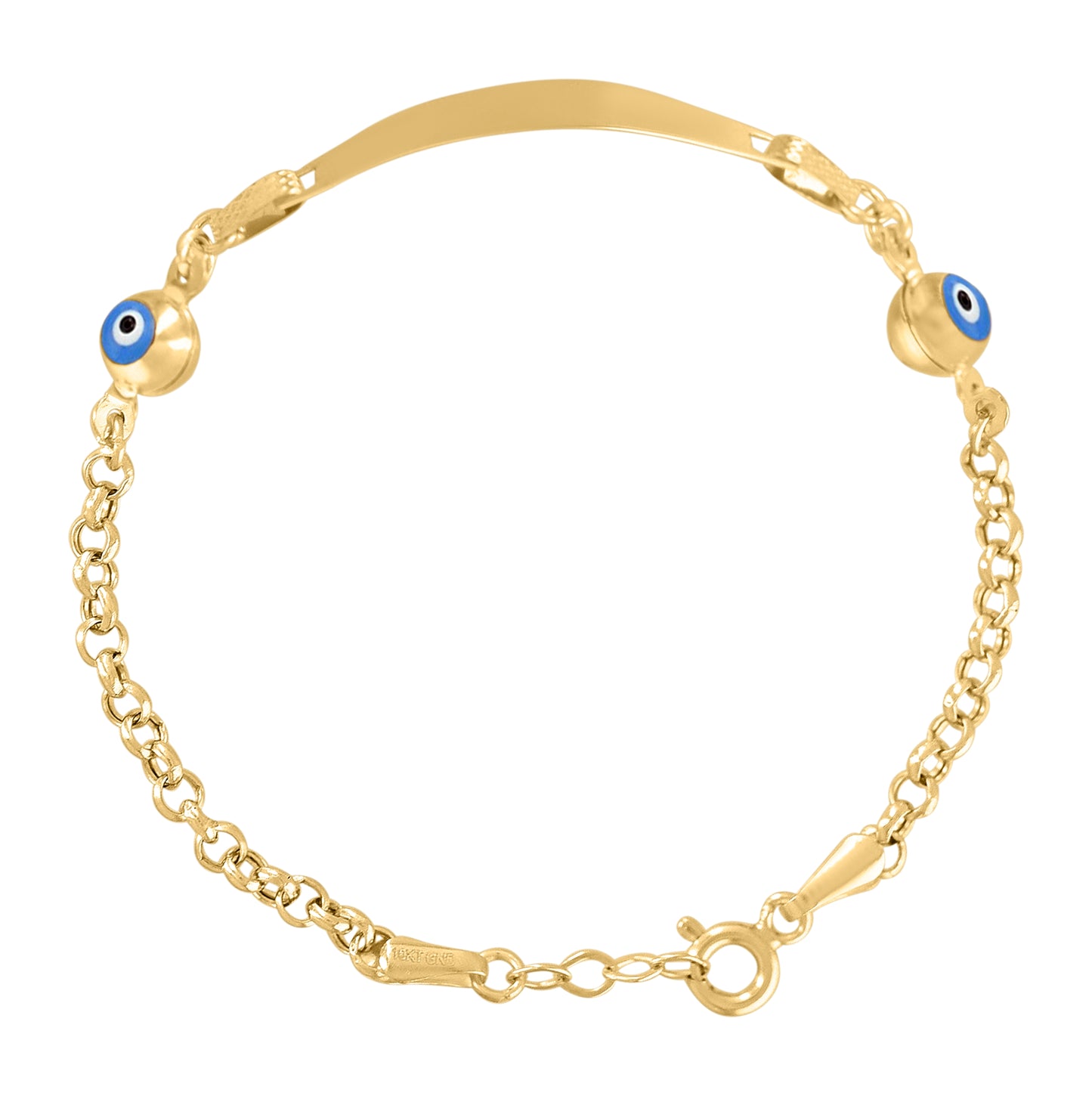10K Yellow Gold Womens Blue Enamel Evil Eye Good Luck ID Bracelet Size 6 Inches