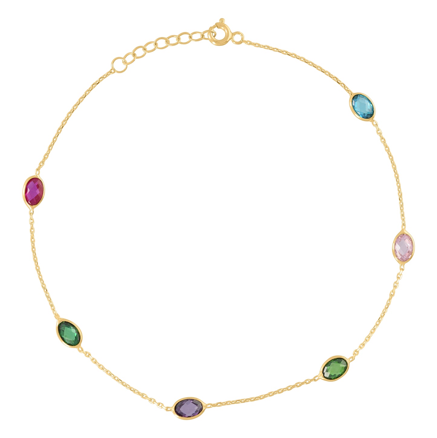 10K Yellow Gold Womens Multi-Color Oval Cubic-Zirconia Chain Anklet Size 10 Inches