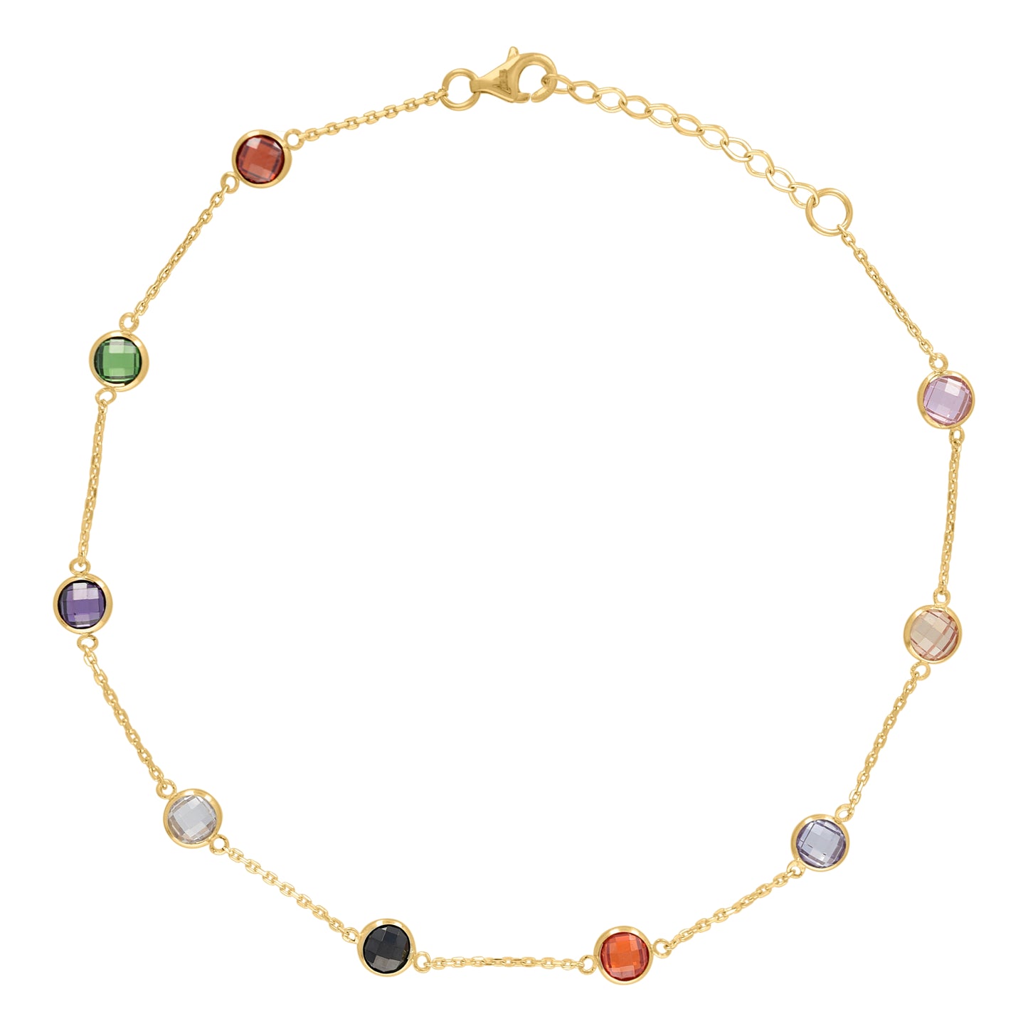 10K Yellow Gold Womens Multi-Color Cubic-Zirconia Chain Anklet Size 10 Inches