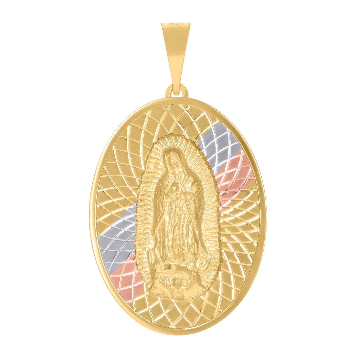 10K Tri-Color Gold Mens Guadalupe Religious Oval Medallion Charm Pendant
