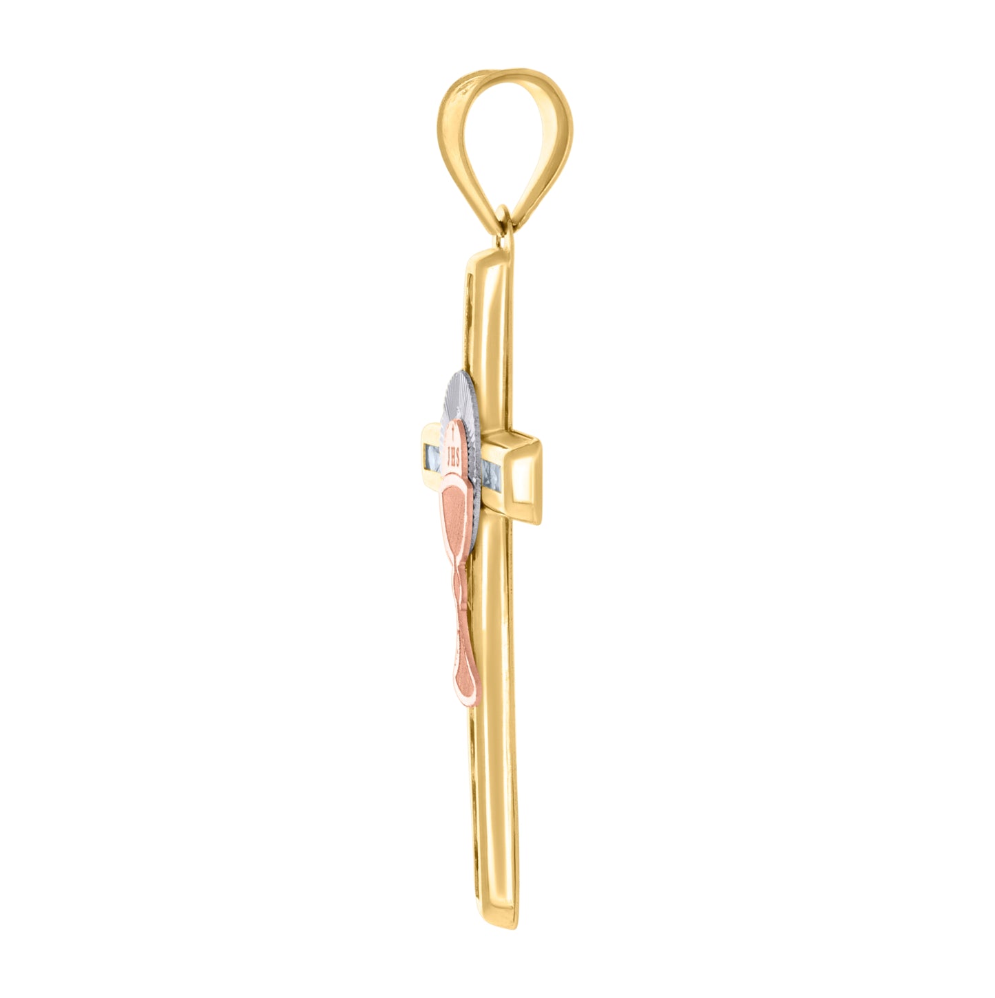 14K Tri-Color Gold Unisex Cubic-Zirconia First Communion Cross Ceremony Religious Charm Pendant