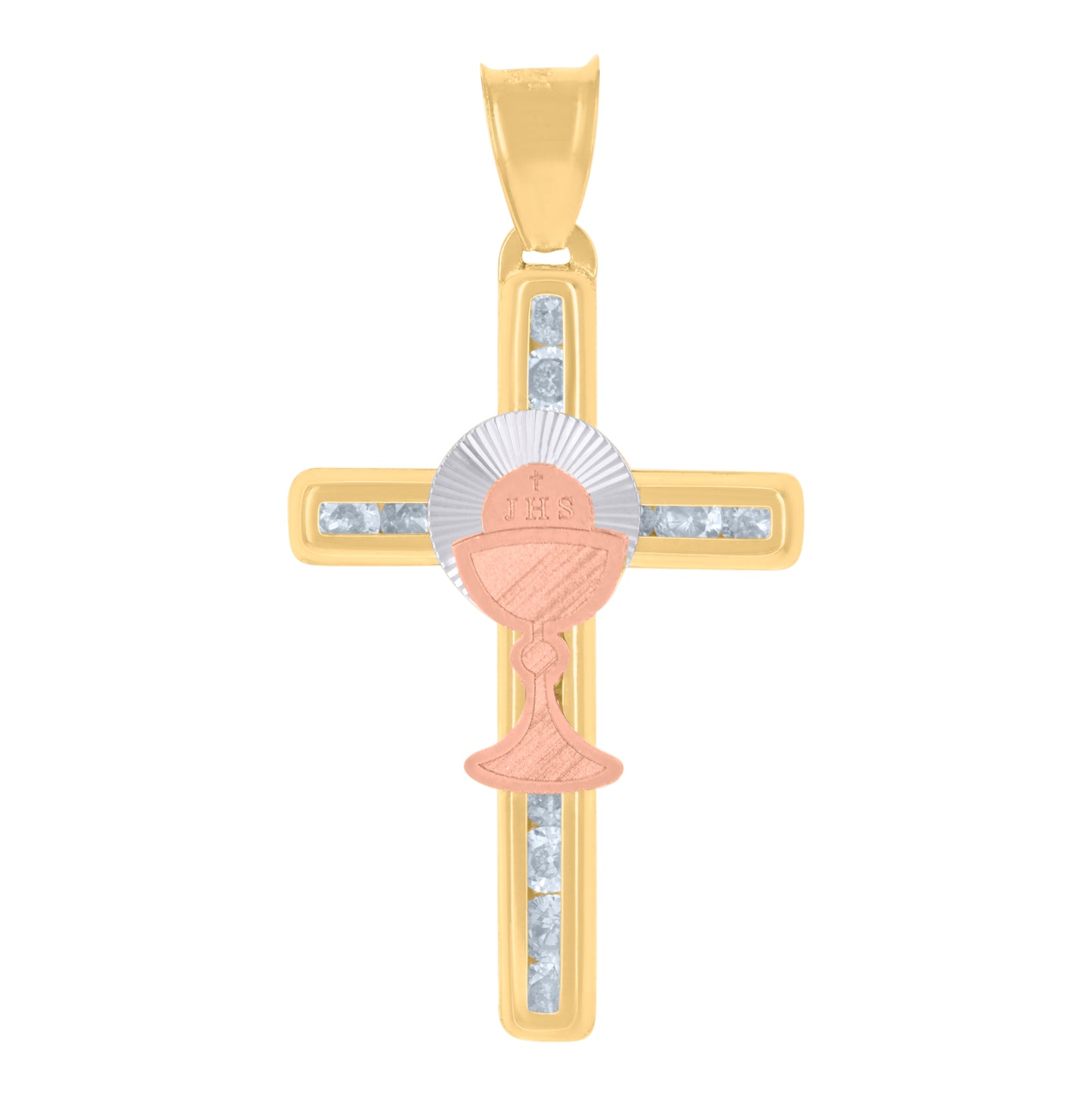14K Tri-Color Gold Unisex Cubic-Zirconia First Communion Cross Ceremony Religious Charm Pendant