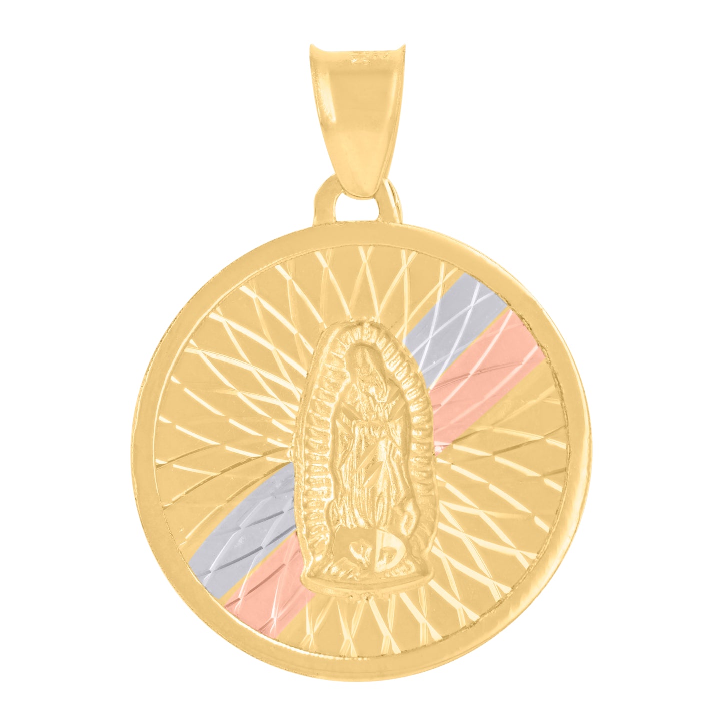 14K Tri-Color Gold Unisex Medallion Oval Guadalupe/Mother Marry Religious Charm Pendant
