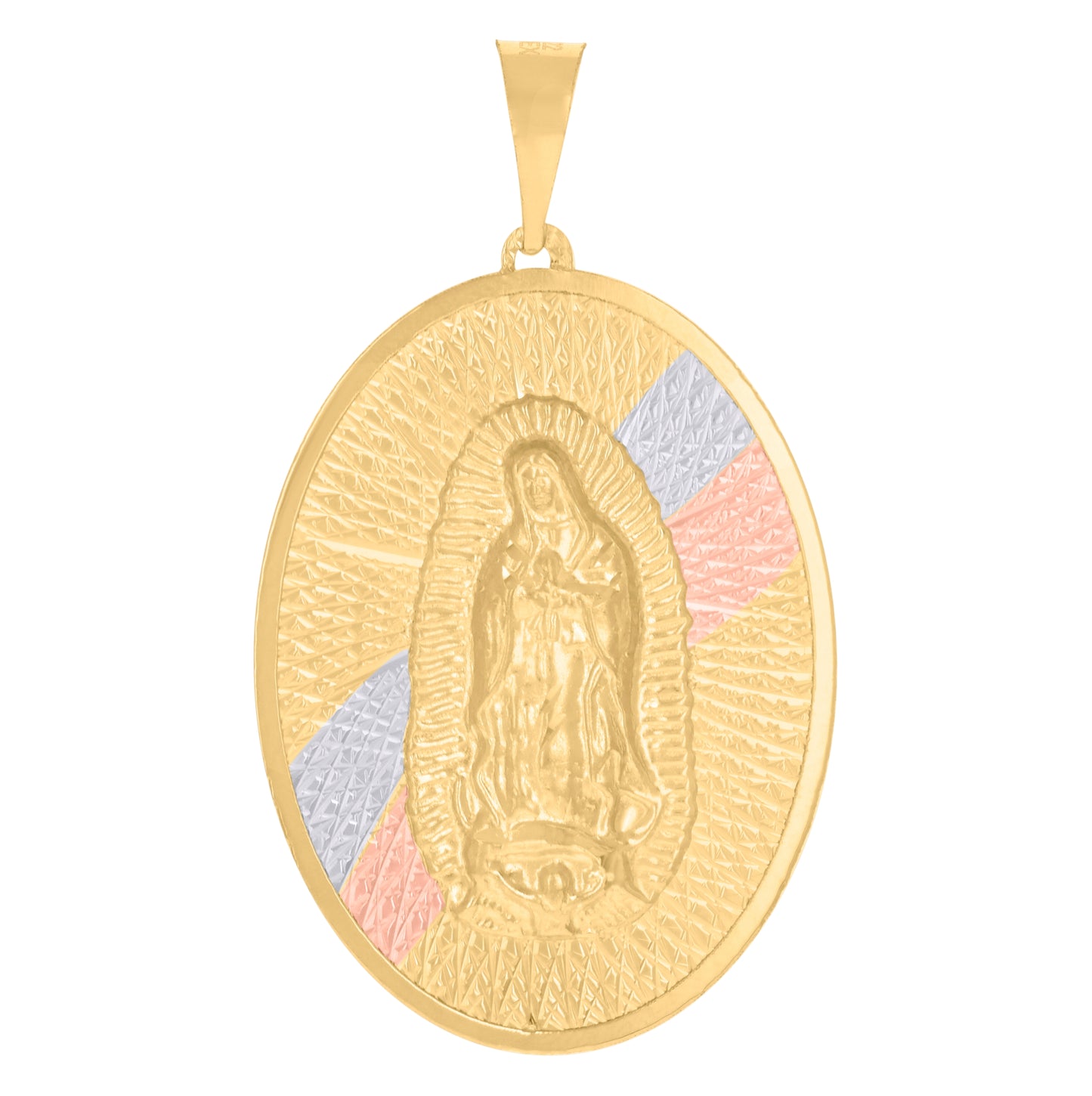 14K Tri-Color Gold Unisex Medallion Oval Guadalupe/Mother Marry Religious Charm Pendant