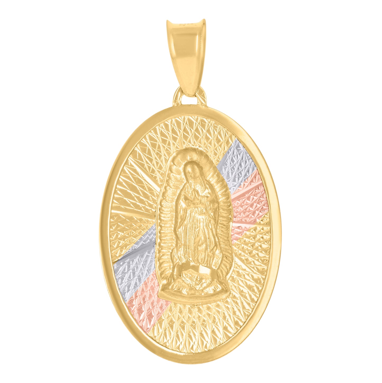 14K Tri-Color Gold Unisex Medallion Oval Guadalupe/Mother Marry Religious Charm Pendant