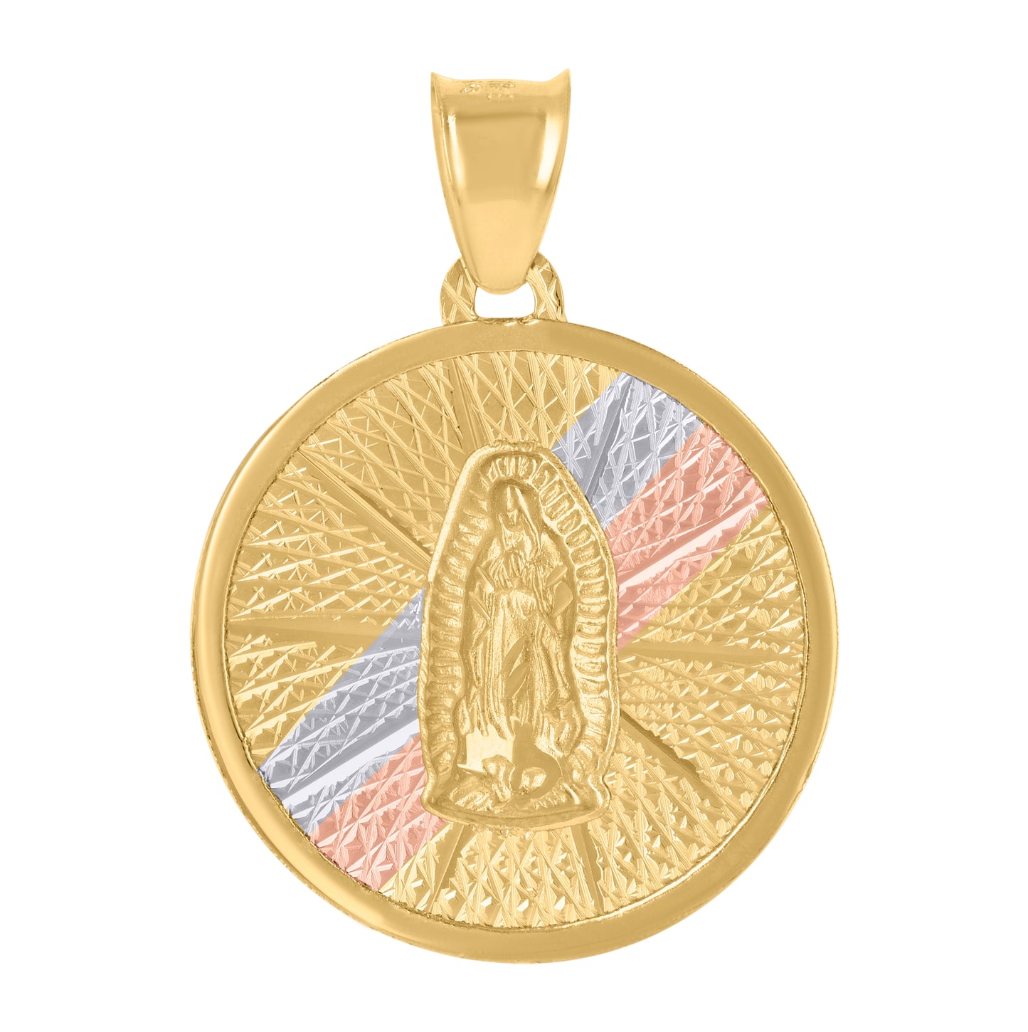 14K Tri-Color Gold Unisex Medallion Guadalupe/Mother Marry Religious Charm Pendant