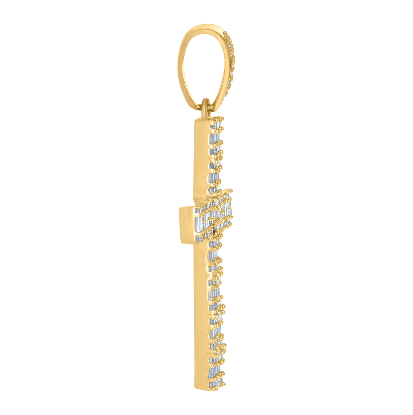 10K Yellow Gold Mens Baguette Round Cubic-Zirconia Cross Religious Charm Pendant
