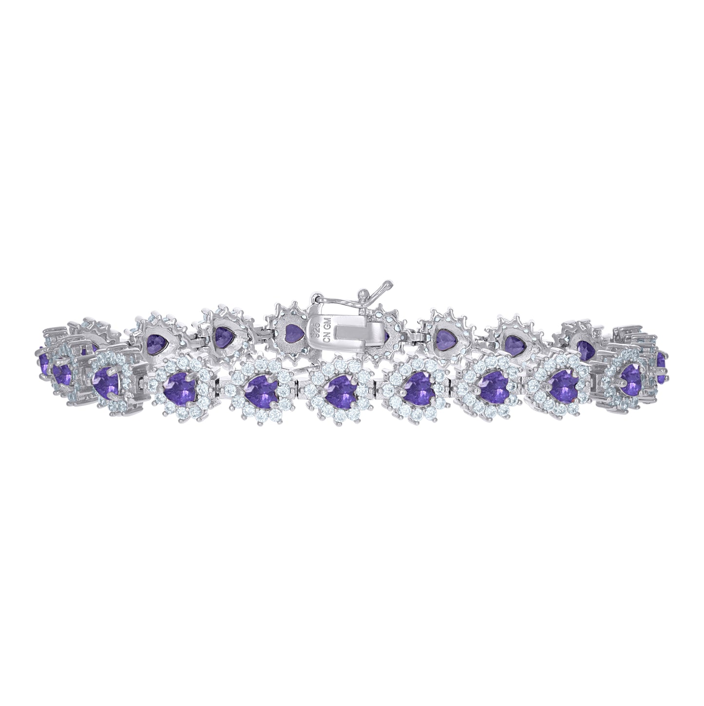 Sterling Silver Womens Cubic-Zirconia Heart Link Fashion Bracelet
