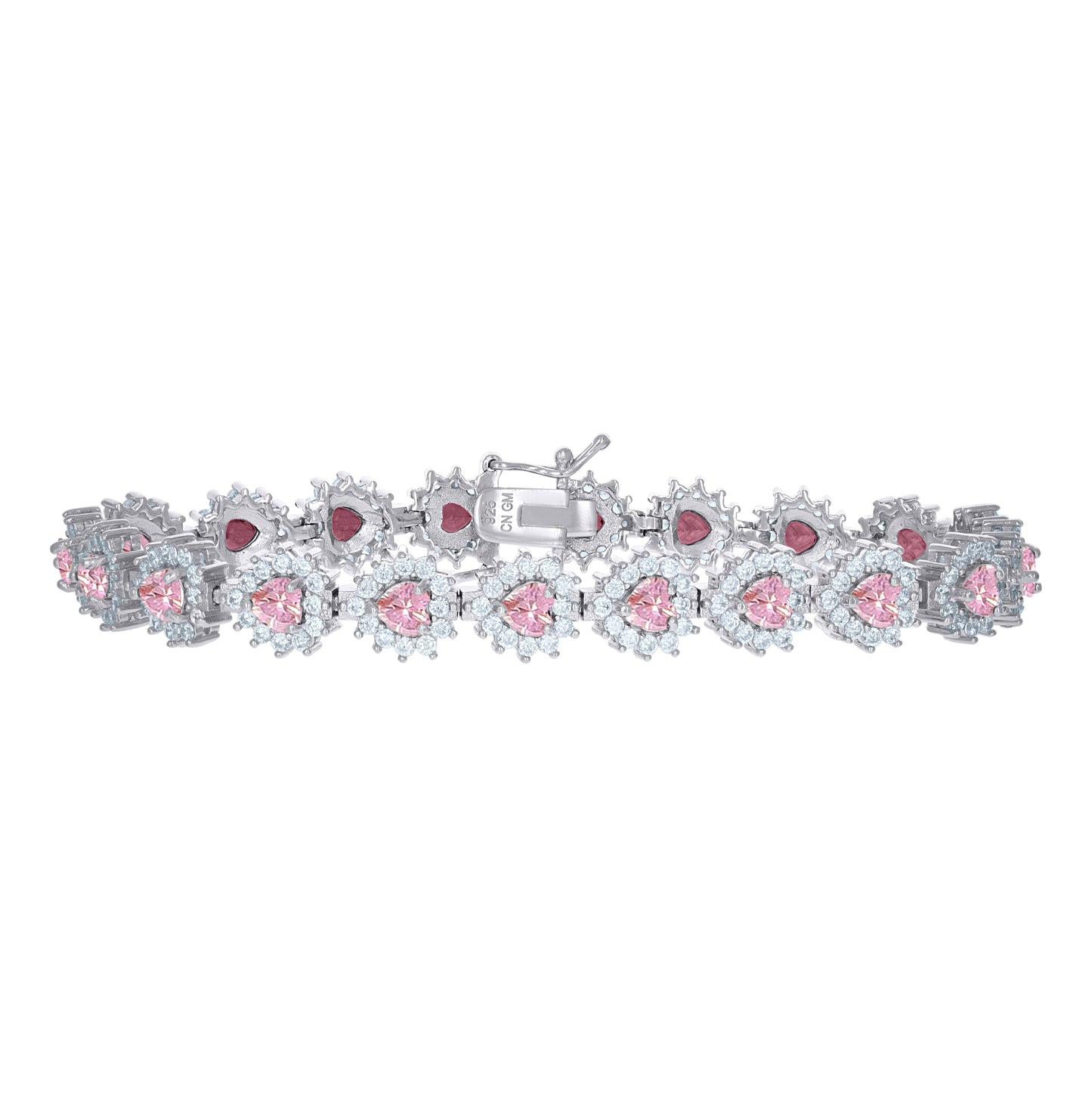 Sterling Silver Womens Cubic-Zirconia Heart Link Fashion Bracelet