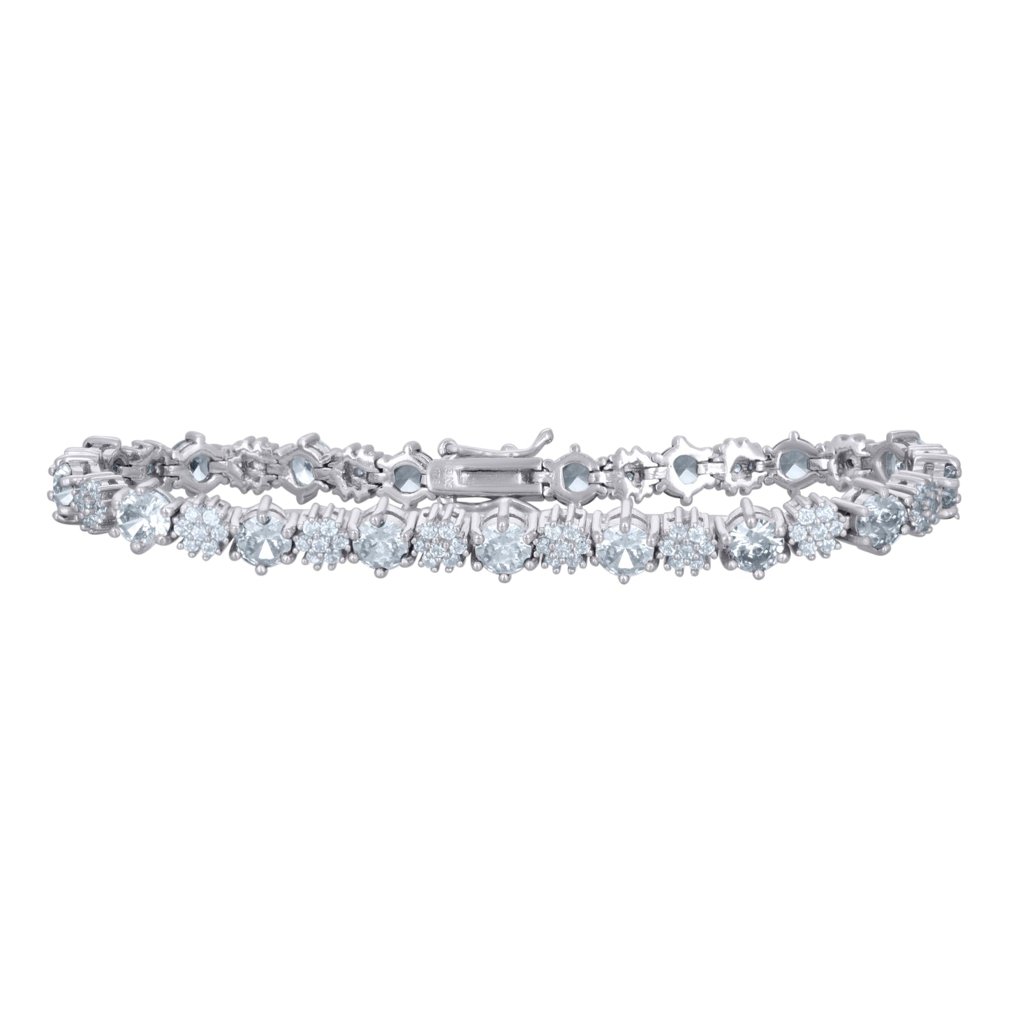 Sterling Silver Womens Cubic-Zirconia Flower Link Fashion Bracelet Size 7.5 Inches