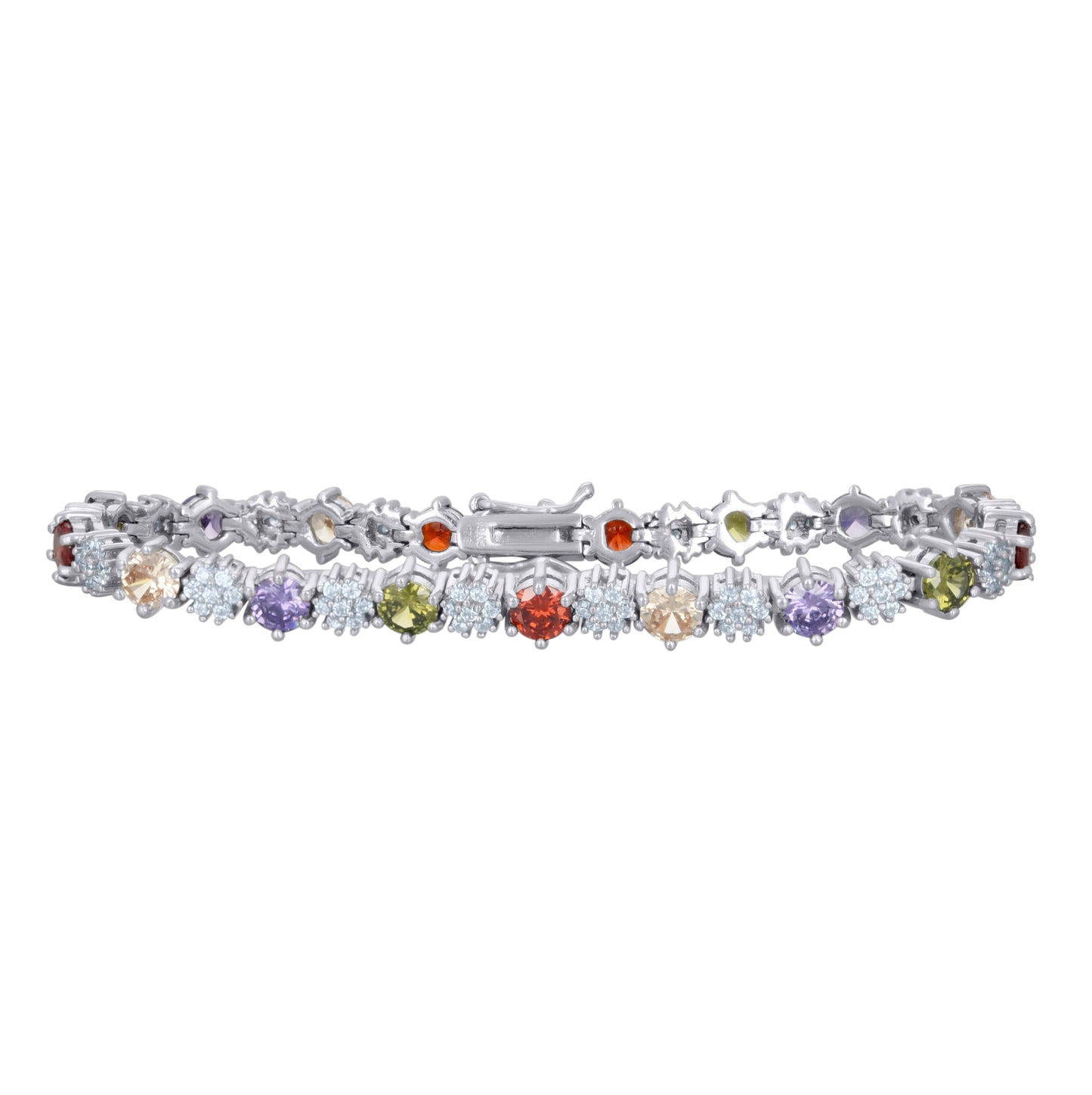 Sterling Silver Womens Cubic-Zirconia Flower Link Fashion Bracelet Size 7.5 Inches