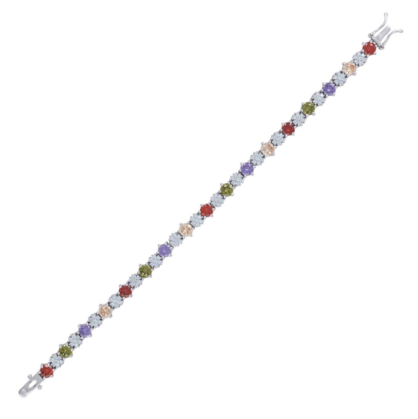 Sterling Silver Womens Cubic-Zirconia Flower Link Fashion Bracelet Size 7.5 Inches