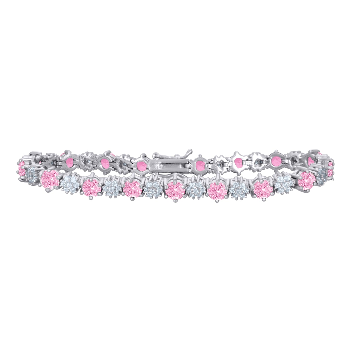 Sterling Silver Womens Cubic-Zirconia Flower Link Fashion Bracelet Size 7.5 Inches