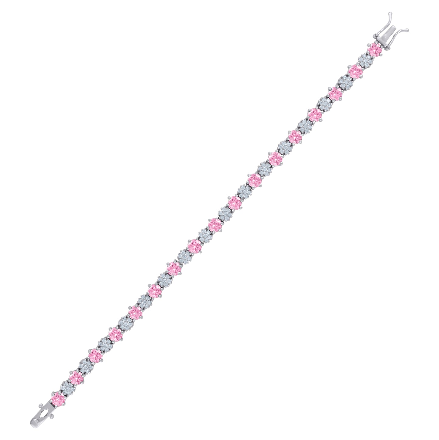 Sterling Silver Womens Cubic-Zirconia Flower Link Fashion Bracelet Size 7.5 Inches