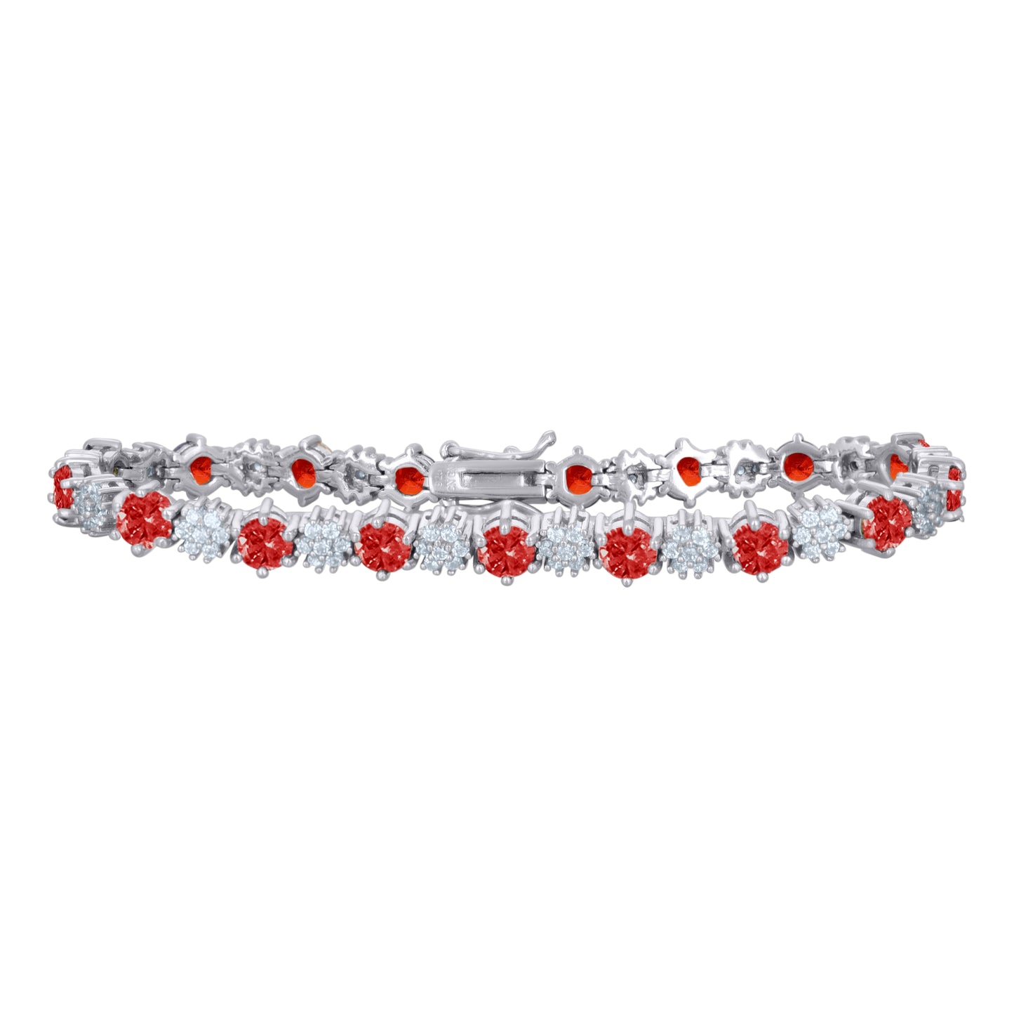 Sterling Silver Womens Cubic-Zirconia Flower Link Fashion Bracelet Size 7.5 Inches