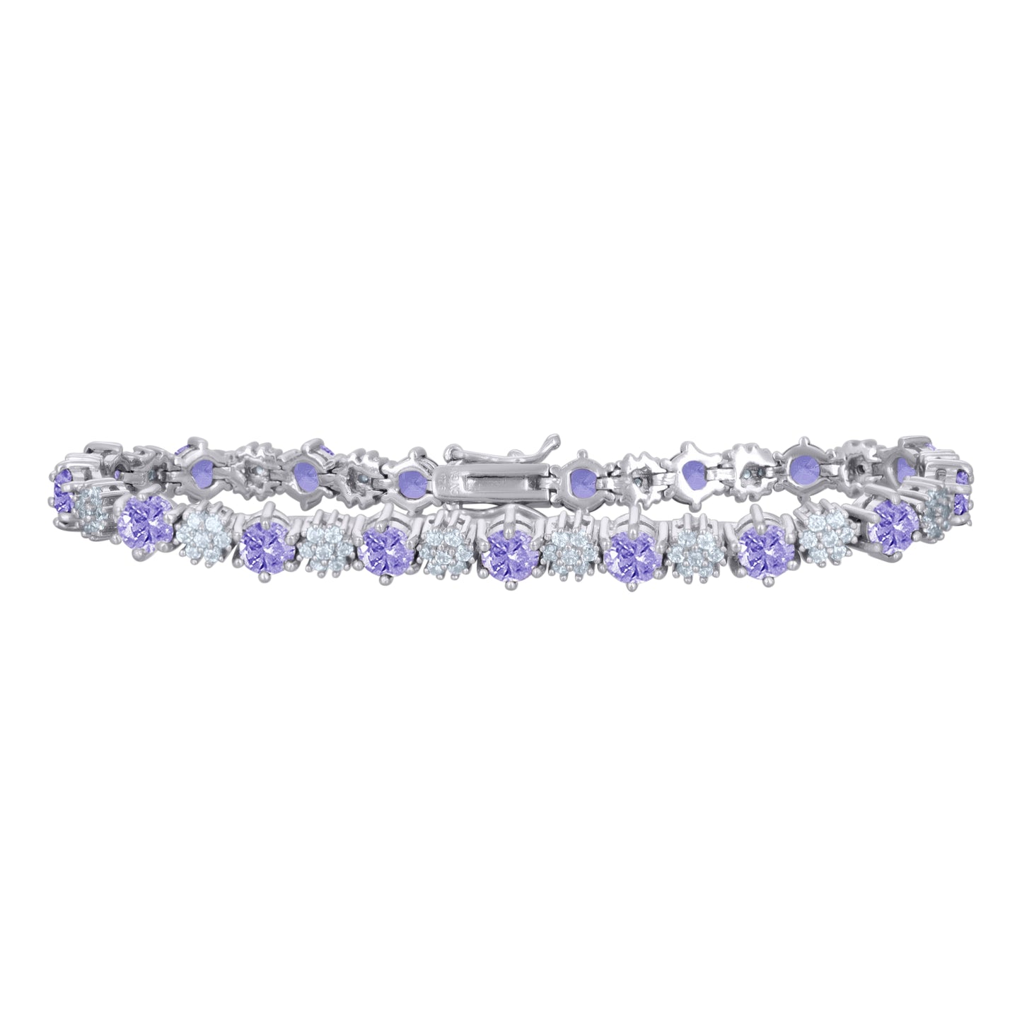 Sterling Silver Womens Cubic-Zirconia Flower Link Fashion Bracelet Size 7.5 Inches