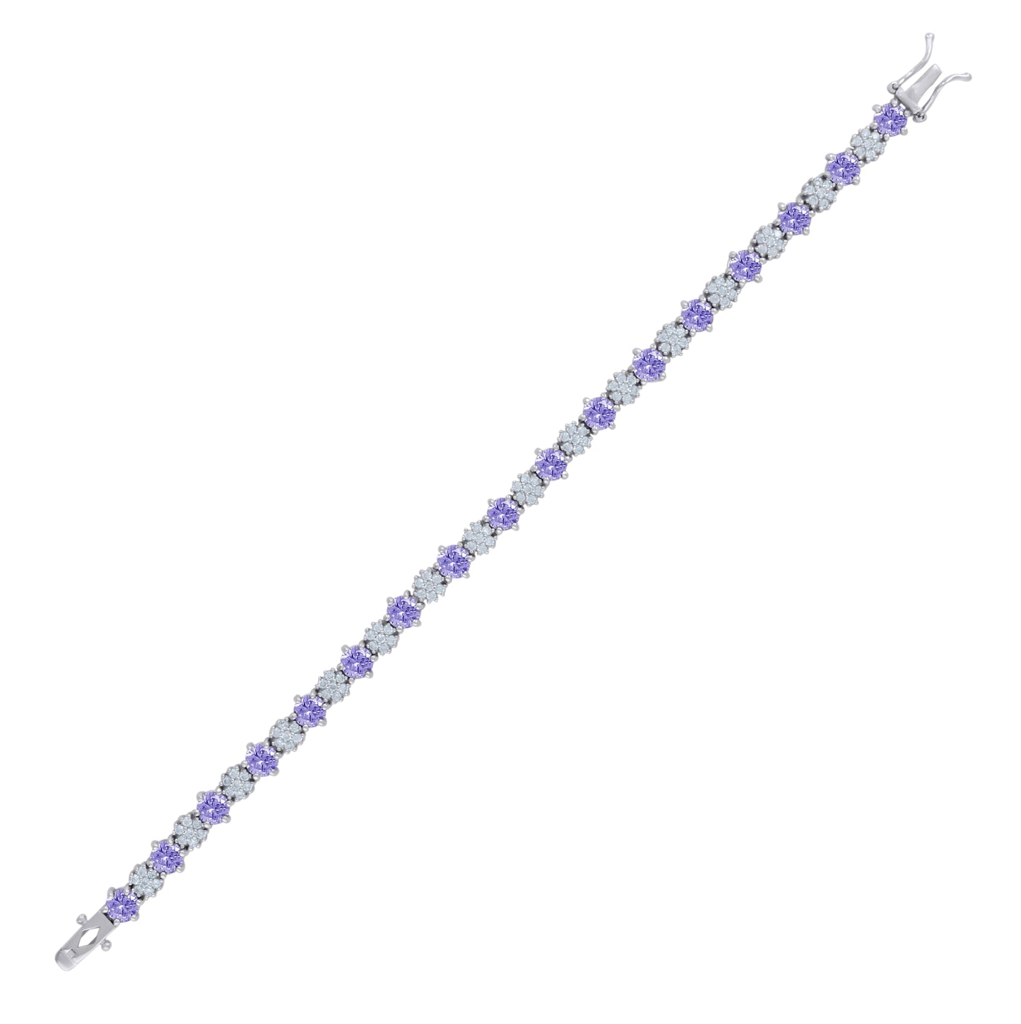 Sterling Silver Womens Cubic-Zirconia Flower Link Fashion Bracelet Size 7.5 Inches