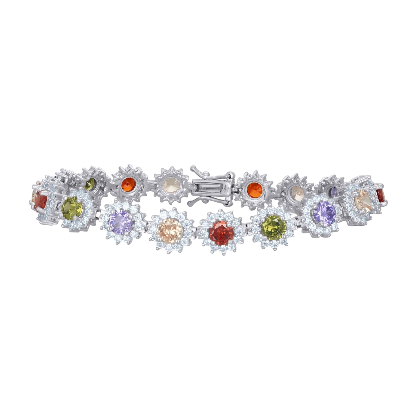 Sterling Silver Women Cubic-Zirconia Flower Link Fashion Bracelet