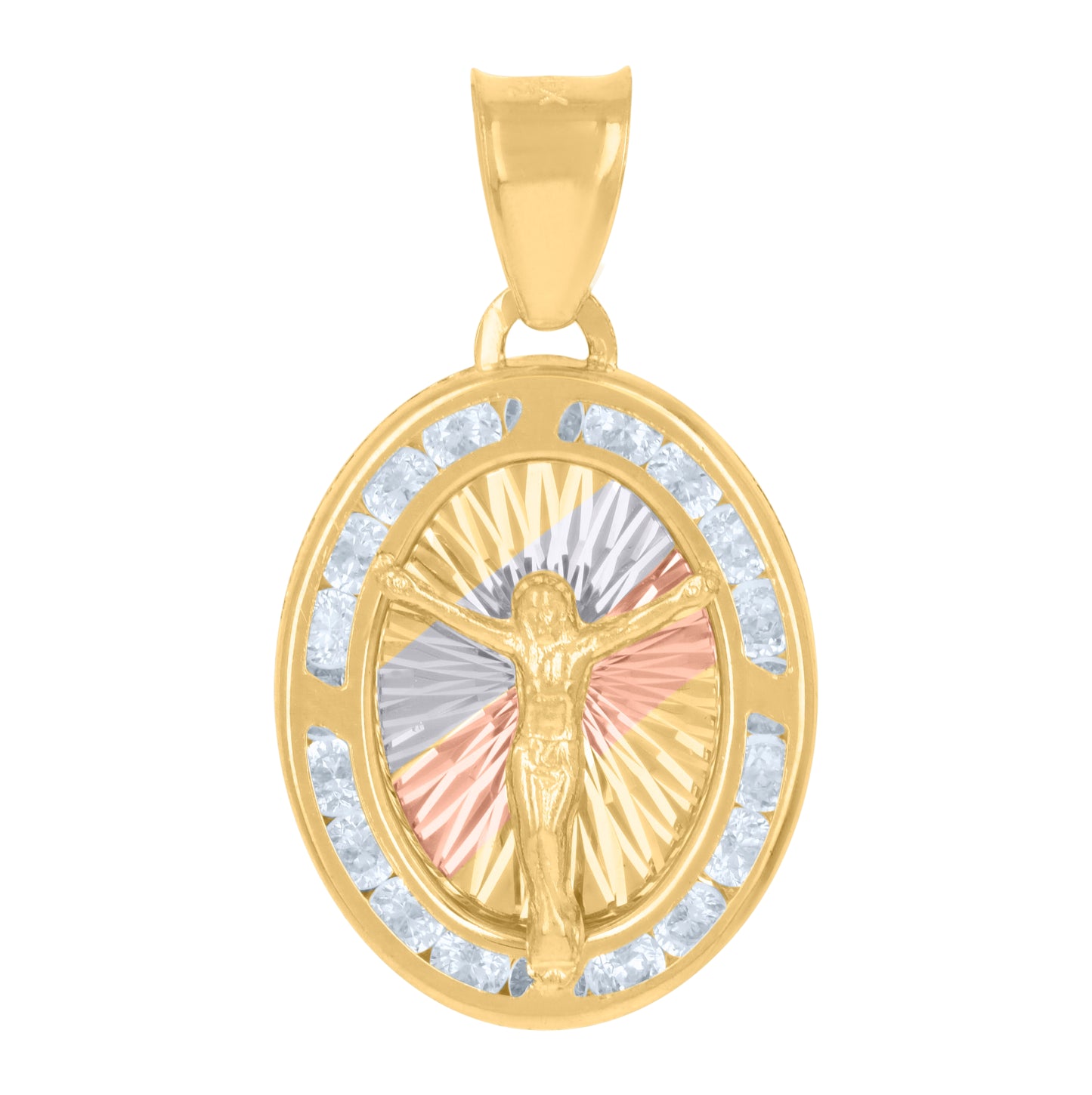 10K Tri-Color Gold Womens Cubic-Zirconia Crucifix Jesus Religious Charm Pendant