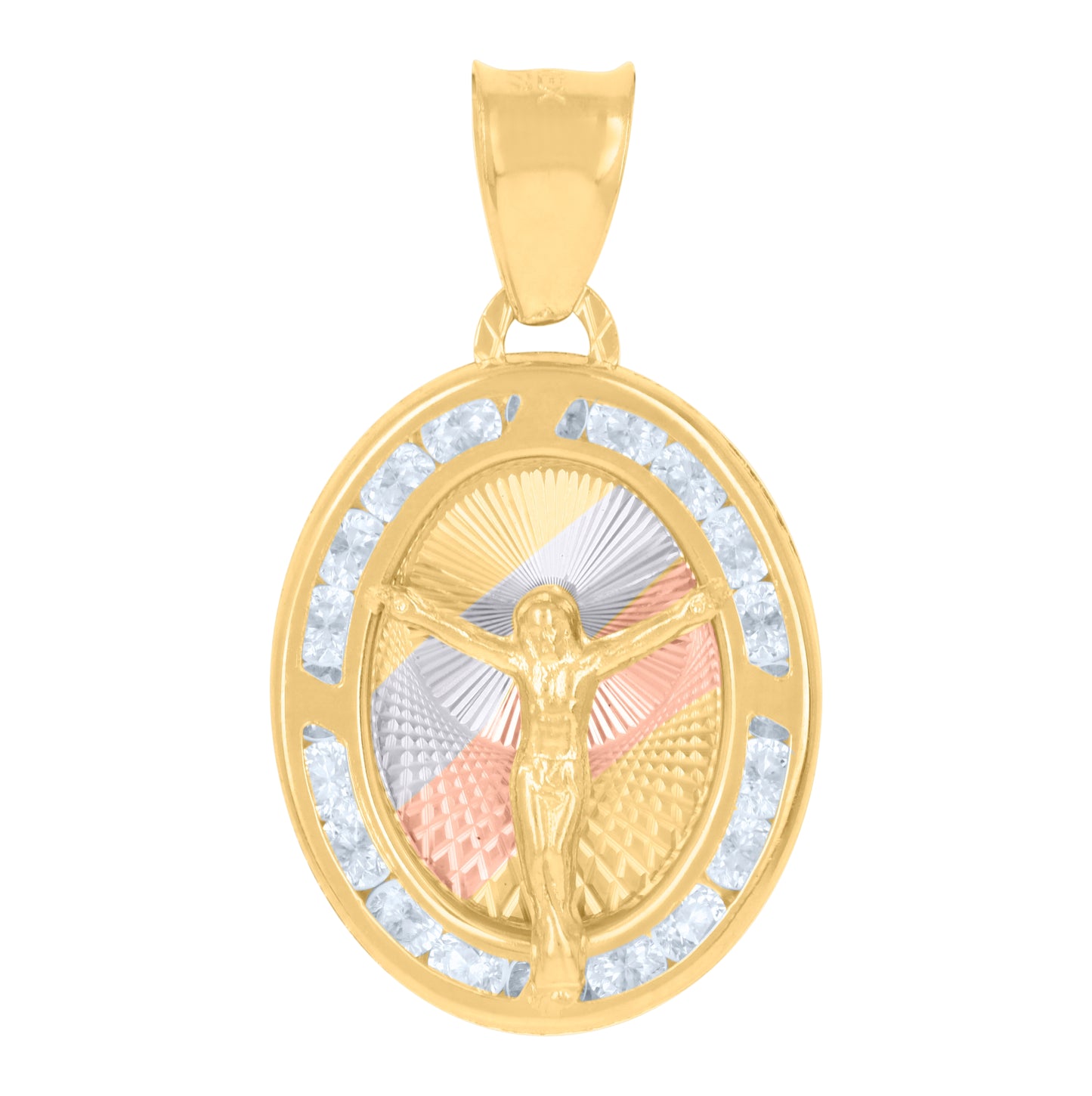 10K Tri-Color Gold Womens Cubic-Zirconia Crucifix Jesus Religious Charm Pendant