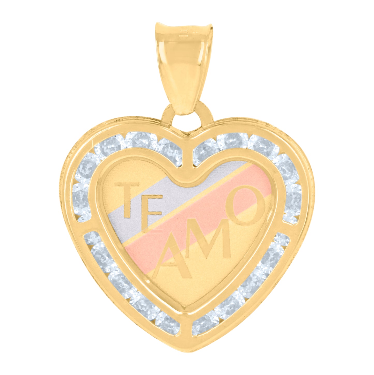 10K Tri-Color Gold Womens Cubic-Zirconia Te Amo Heart Charm Pendant