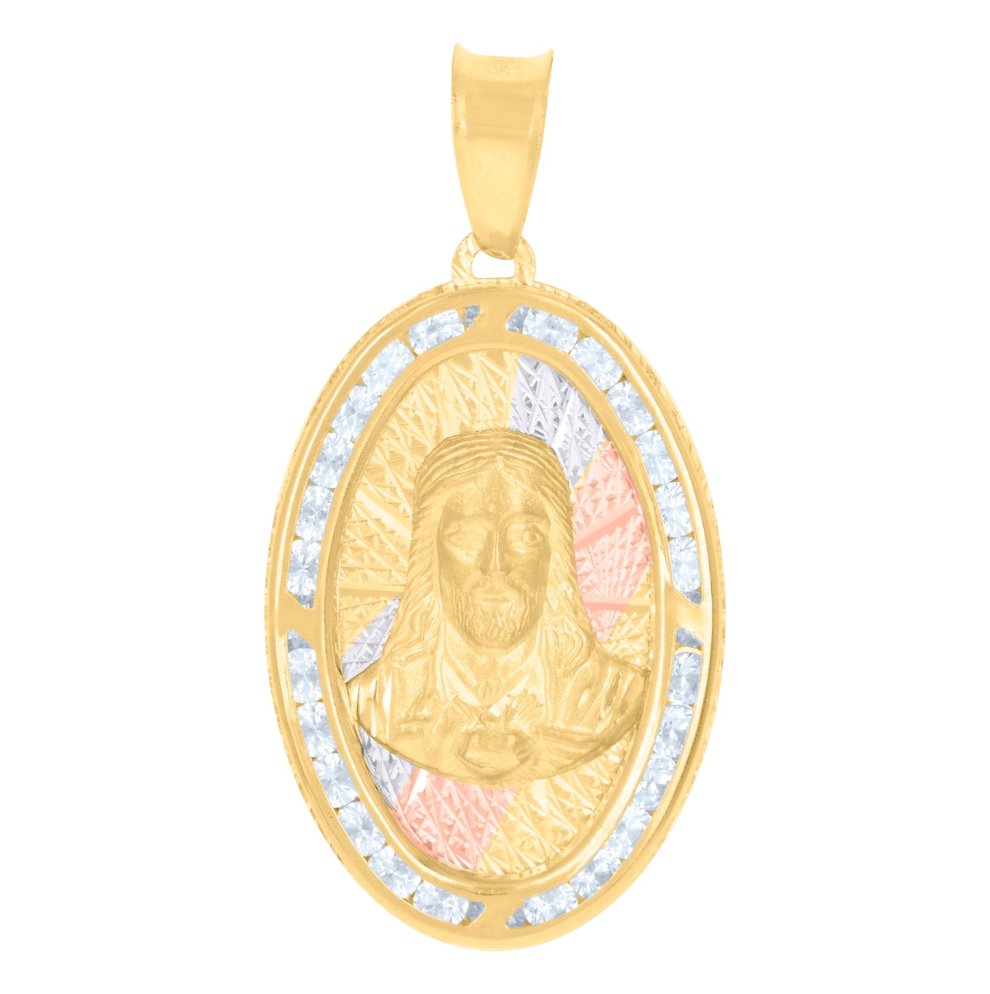 10K Tri-Color Gold Mens Cubic-Zirconia Jesus Religious Charm Pendant
