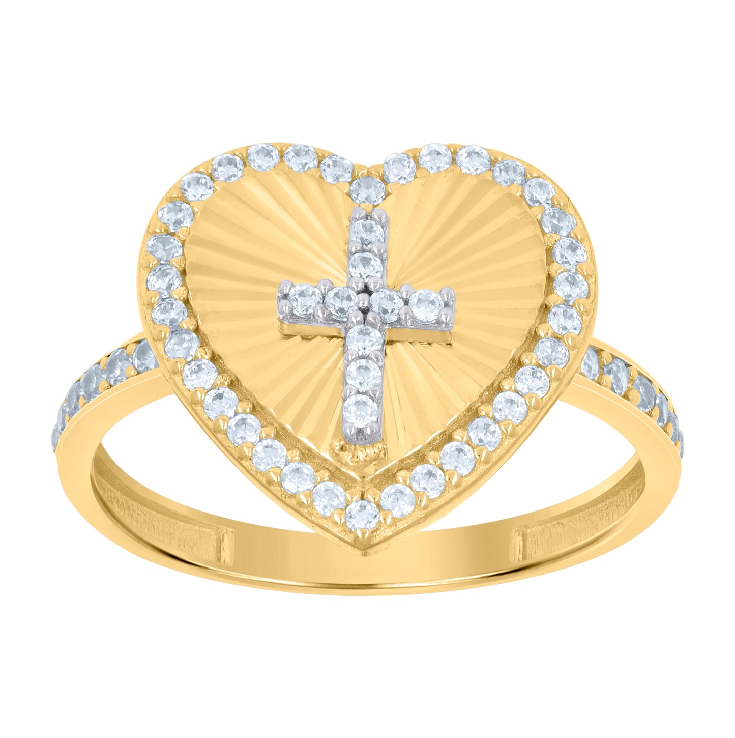 10K Two-Tone Gold Womens Cubic-Zirconia Heart Cross Religious Ring