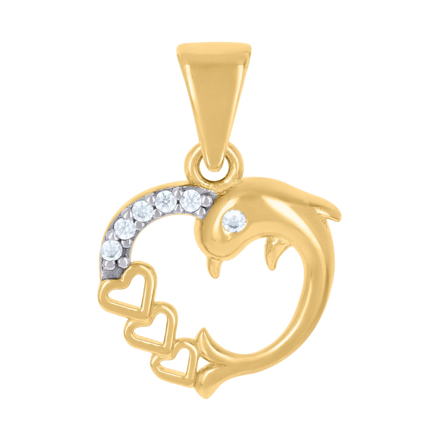 10K Two-tone Gold Womens Cubic-Zirconia Dolphin Heart Charm Pendant