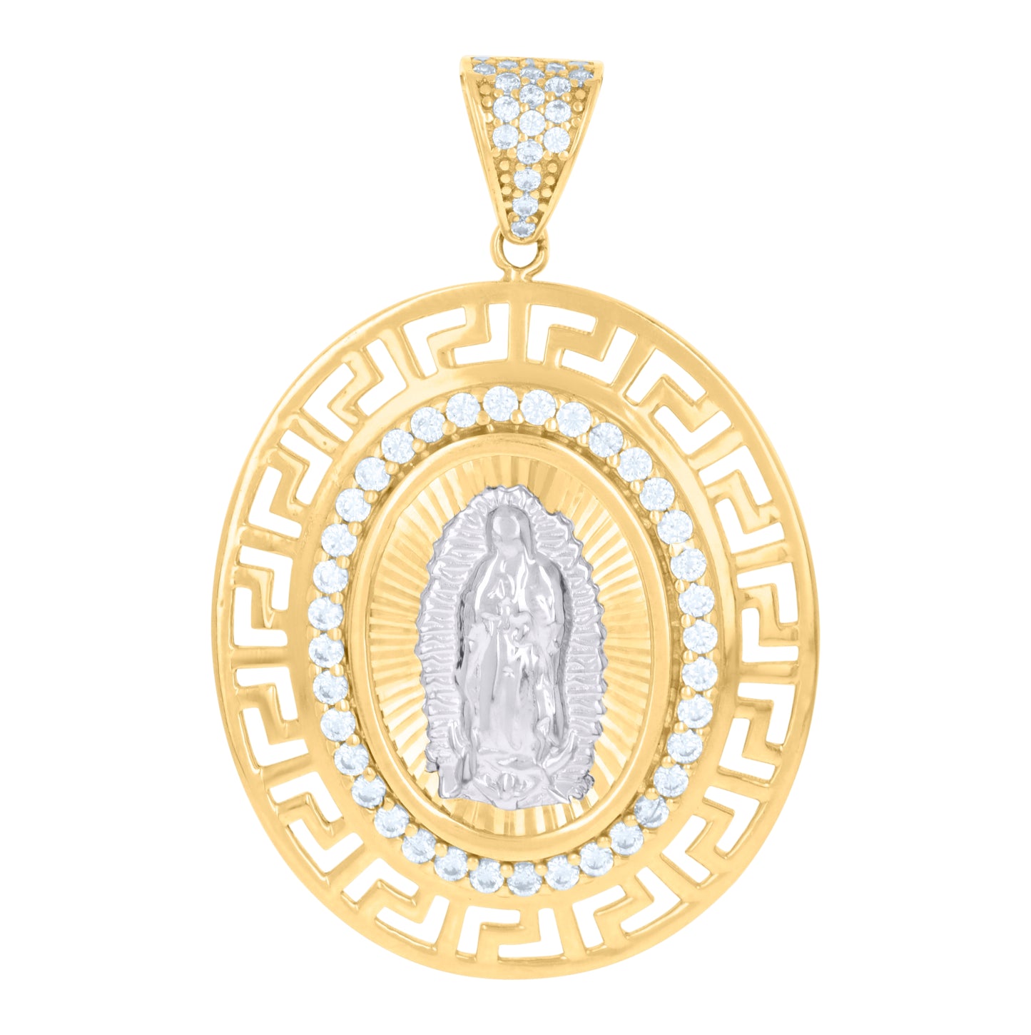 10K Two-tone Gold Unisex Cubic-Zirconia Greek Key Border Oval Medallion Guadalupe Religious Charm Pendant