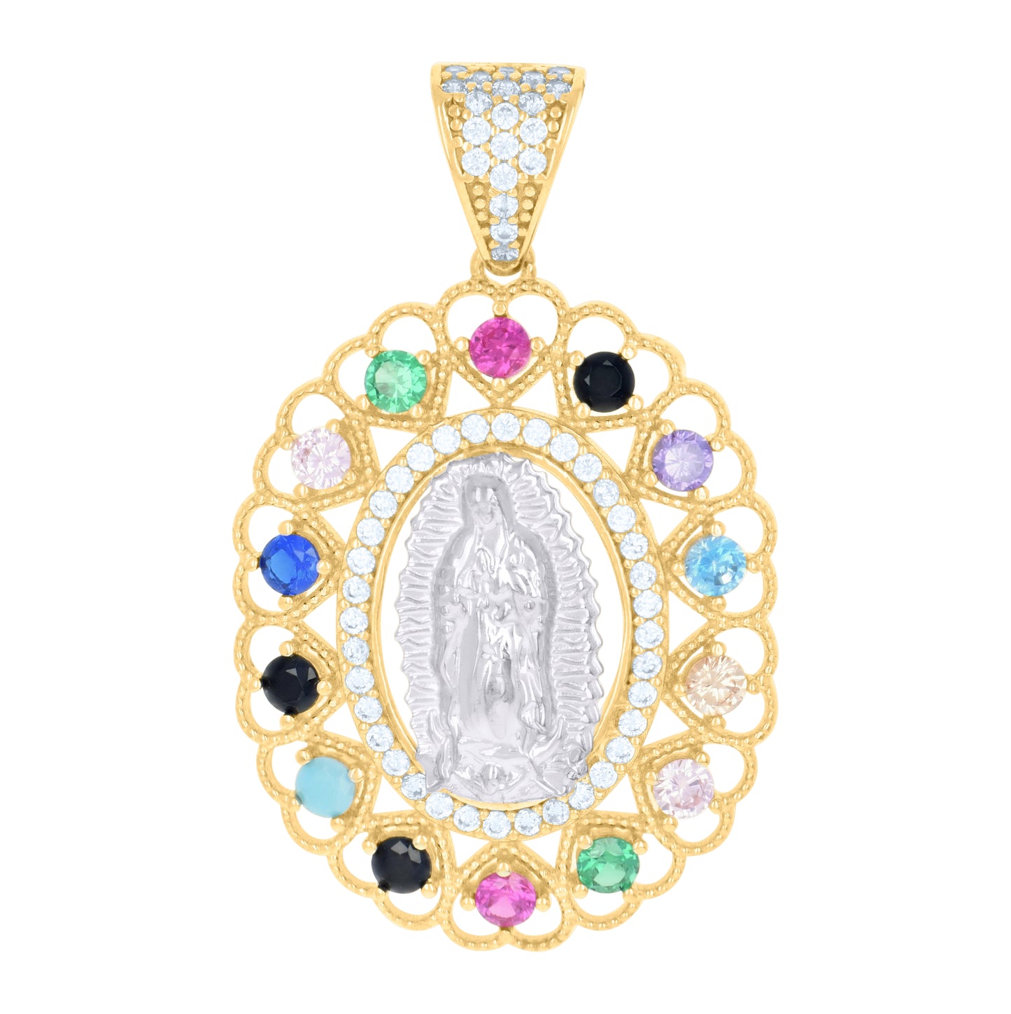 10K Two-tone Gold Womens Multi-color Cubic-Zirconia Oval Medallion Guadalupe Religious Charm Pendant