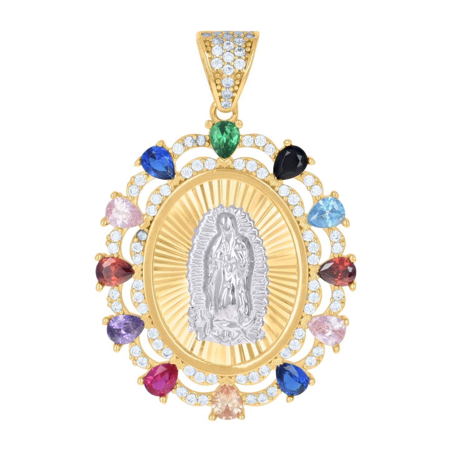 10K Two-tone Gold Womens Multi-color Pear Round Cubic-Zirconia Oval Medallion Guadalupe Religious Charm Pendant