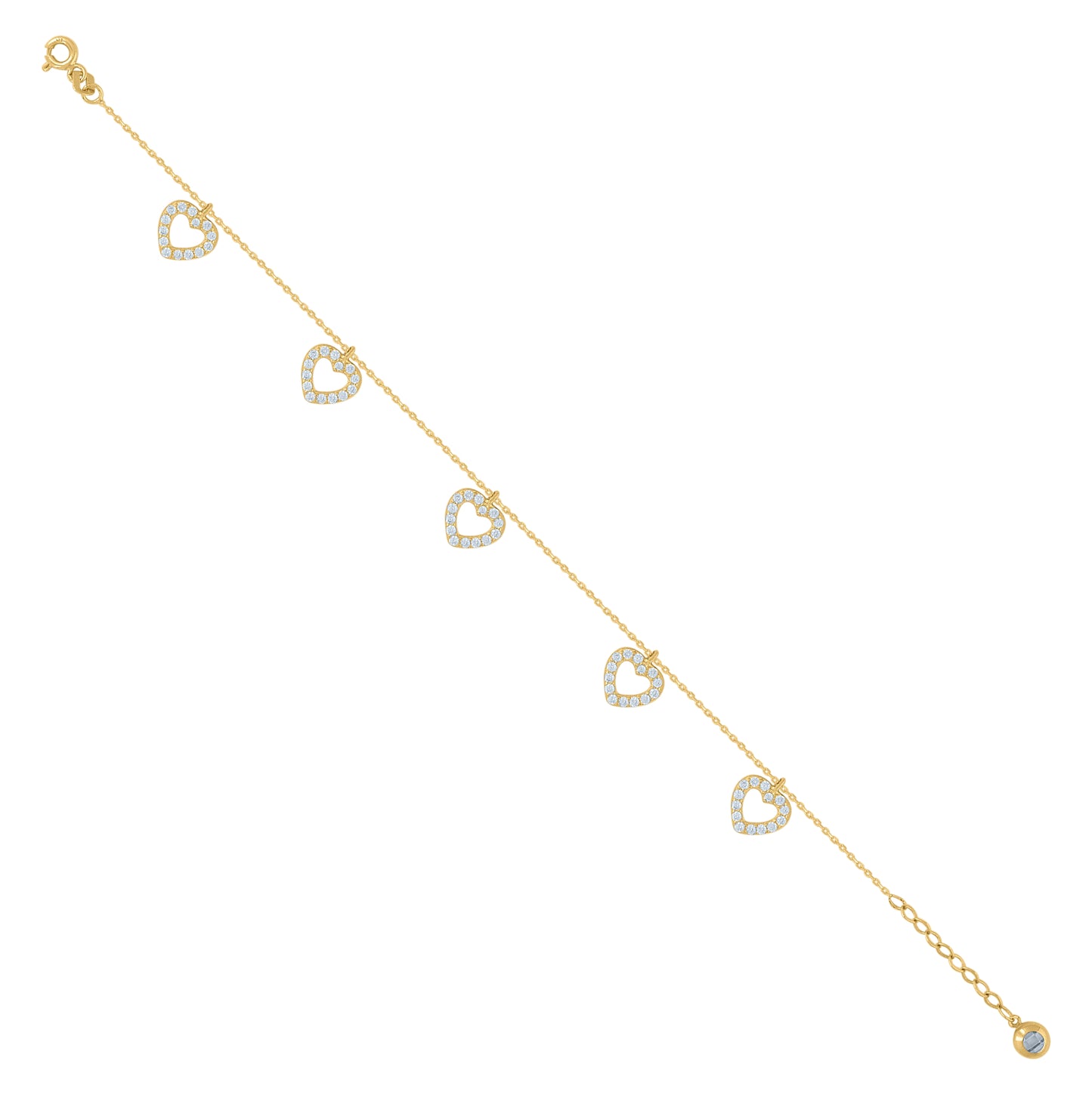 10K Yellow Gold Womens Cubic-Zirconia Heart Charm 8" Bracelet