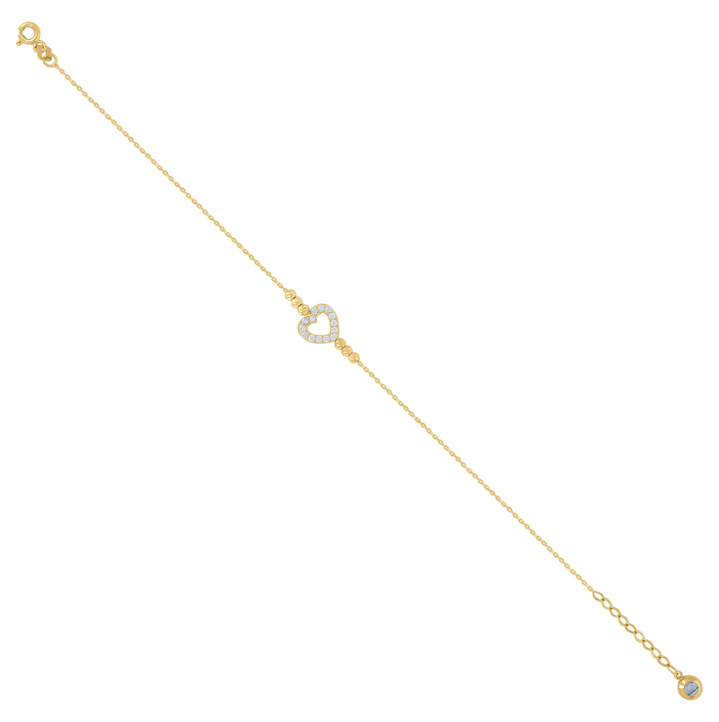10K Yellow Gold Womens Cubic-Zirconia Heart Beaded Charm 8" Bracelet