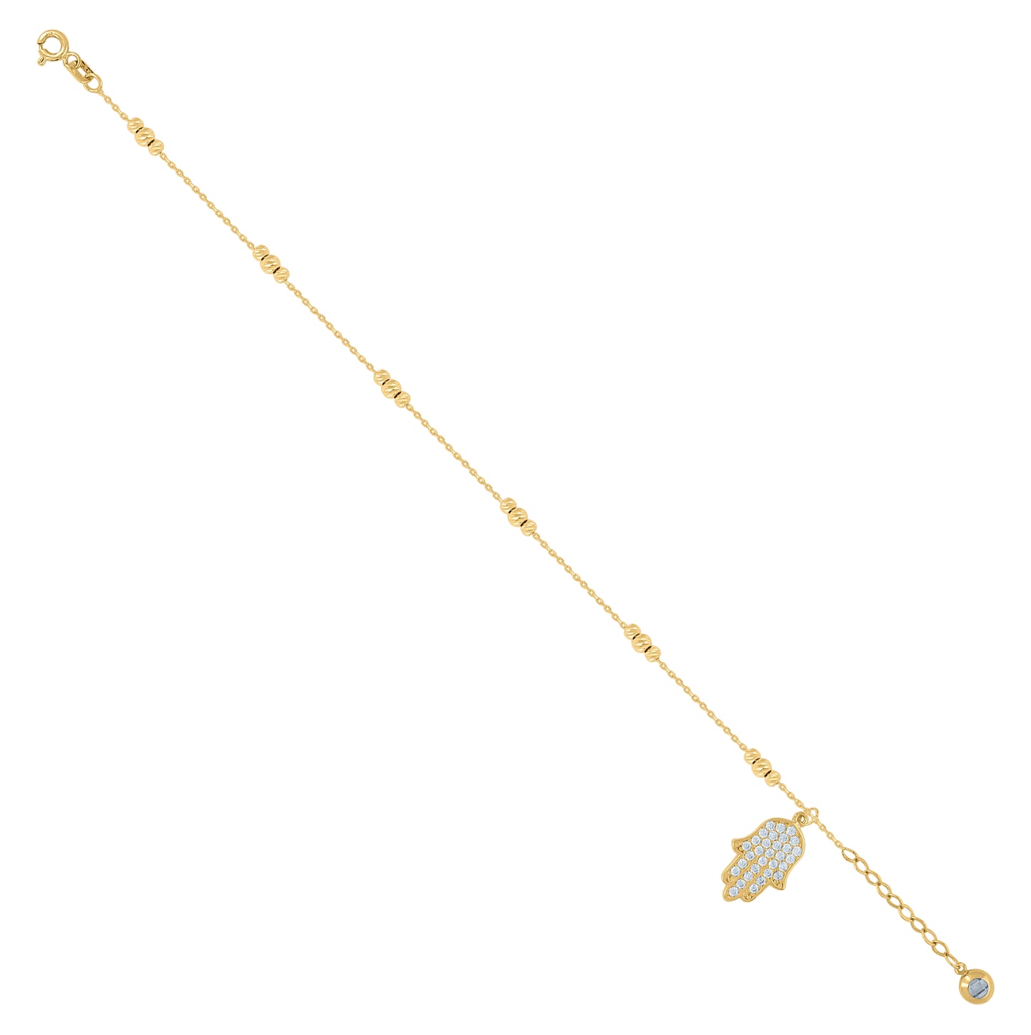 10K Yellow Gold Womens Cubic-Zirconia Hamsa Beaded Religious Charm 8" Bracelet