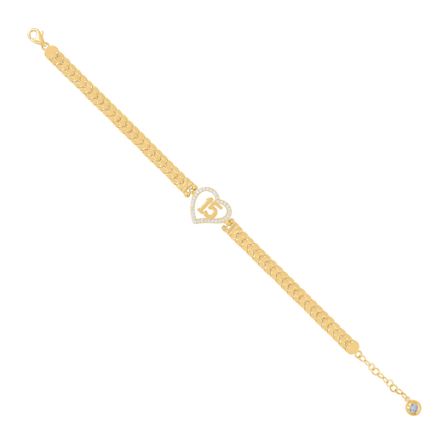 10K Yellow Gold Womens Cubic-Zirconia Quinceanera Sweet 15 Heart Charm Bracelet Size 8 Inches